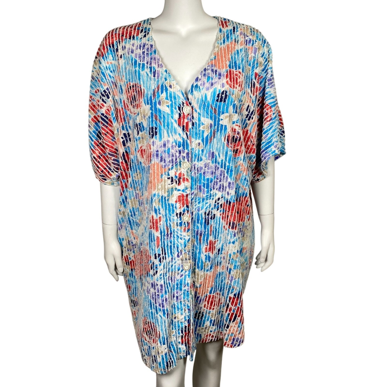 Vintage Crowntuft Floral Housecoat Size M Button Up Short Sleeve Made in USA
