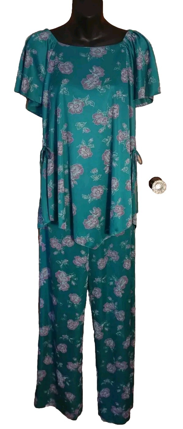 Vintage 70’S Ms. Sugar Teal & Purple Floral Two Piece Outfit Mrs. Roper Look