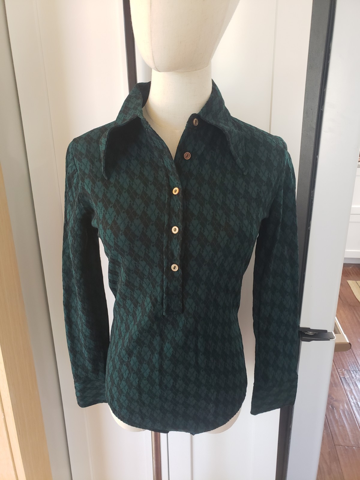 Vintage 1970s Mod One-Piece Snap Bodysuit Green & Black Pointed Collar Size Med