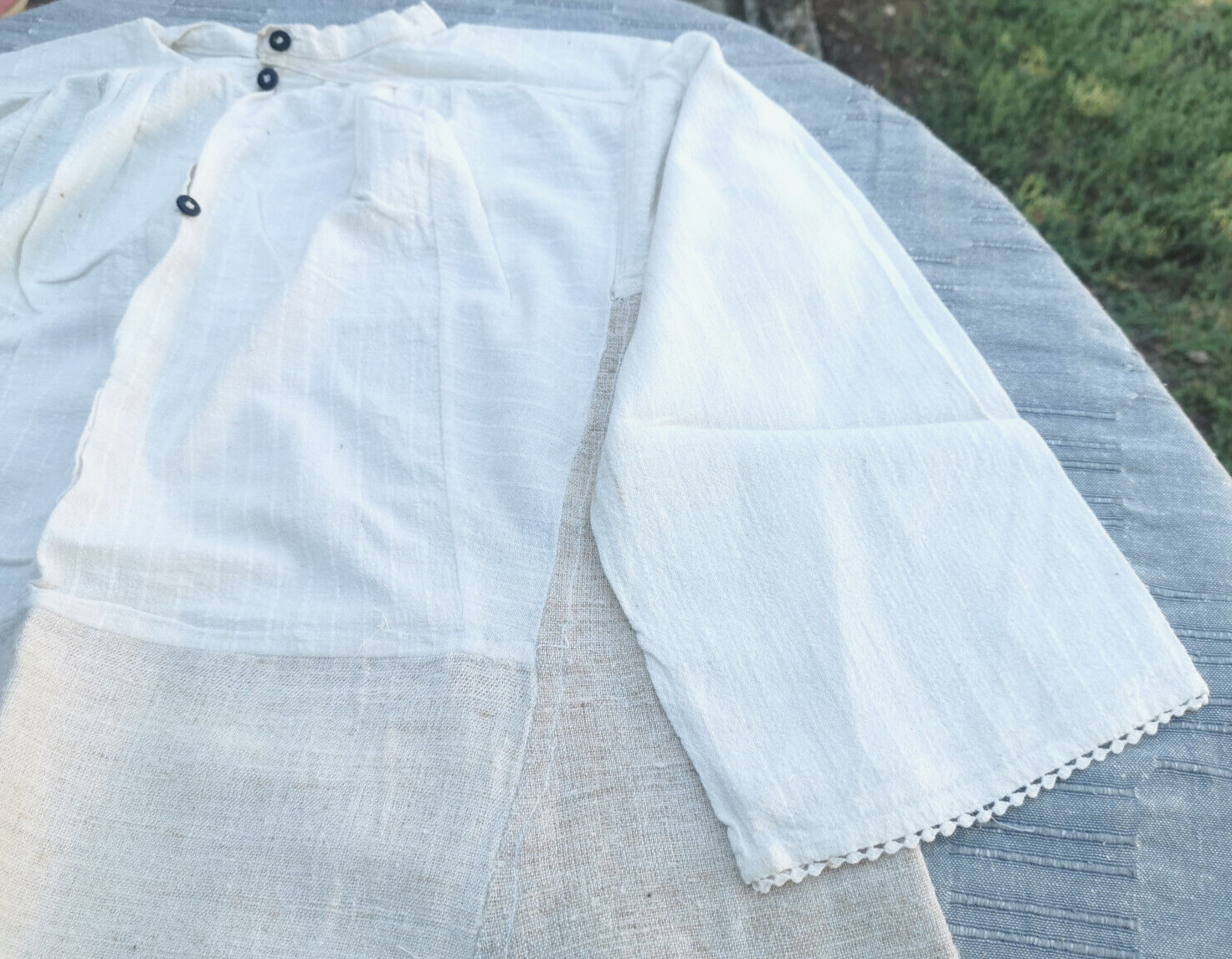OLD PRIMITIVE WOMENs LONG WHITE SHIRT HOMESPUN FABRIC HEMP CLOTH