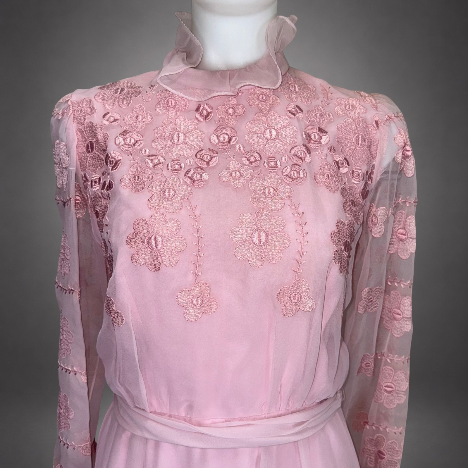 Vintage Miss Elliette California Pink Embroidered Chiffon Maxi Dress Size 12 NWT