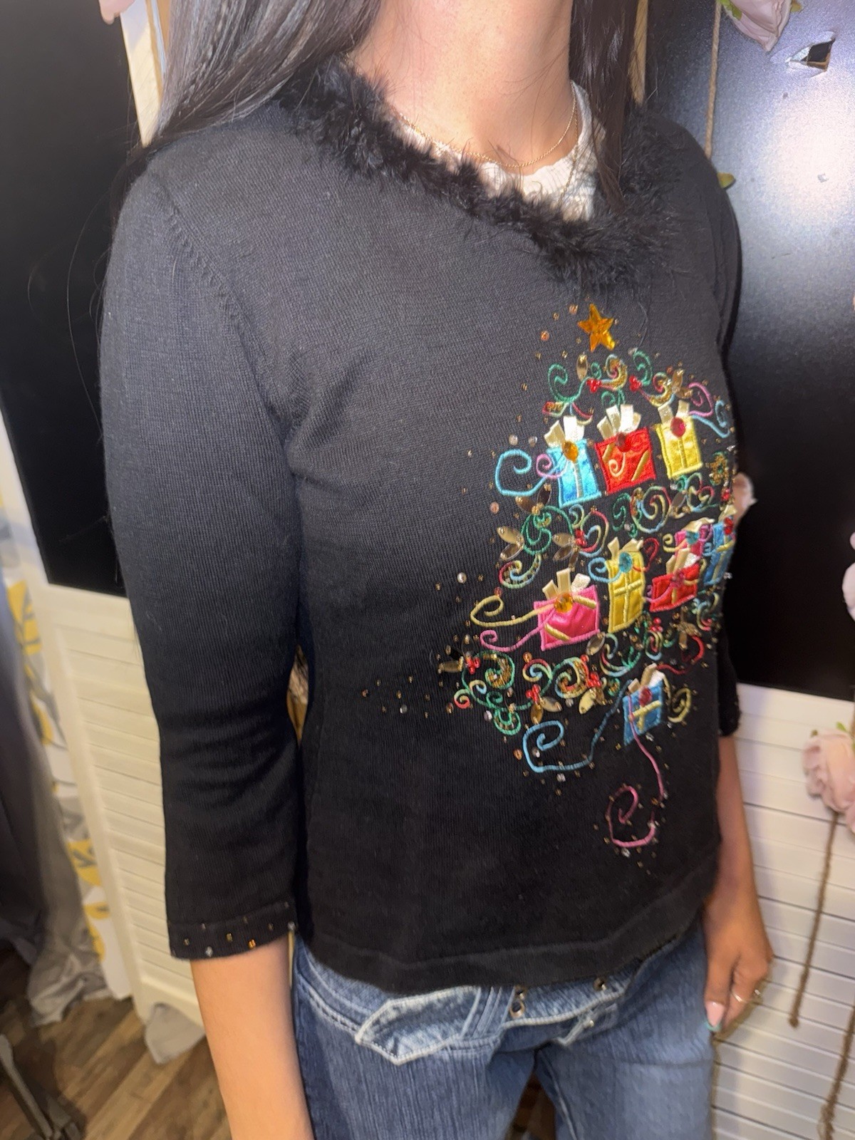 Jack B. Quick Vintage Christmas Gifts Fur Collar Pull Over Sweater. Size Small