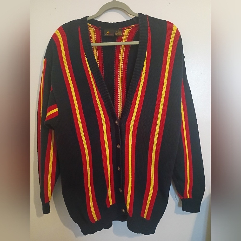 VTG Lizsport Striped Black Oversized Cardigan with Red and Yellow Accents Sz M
