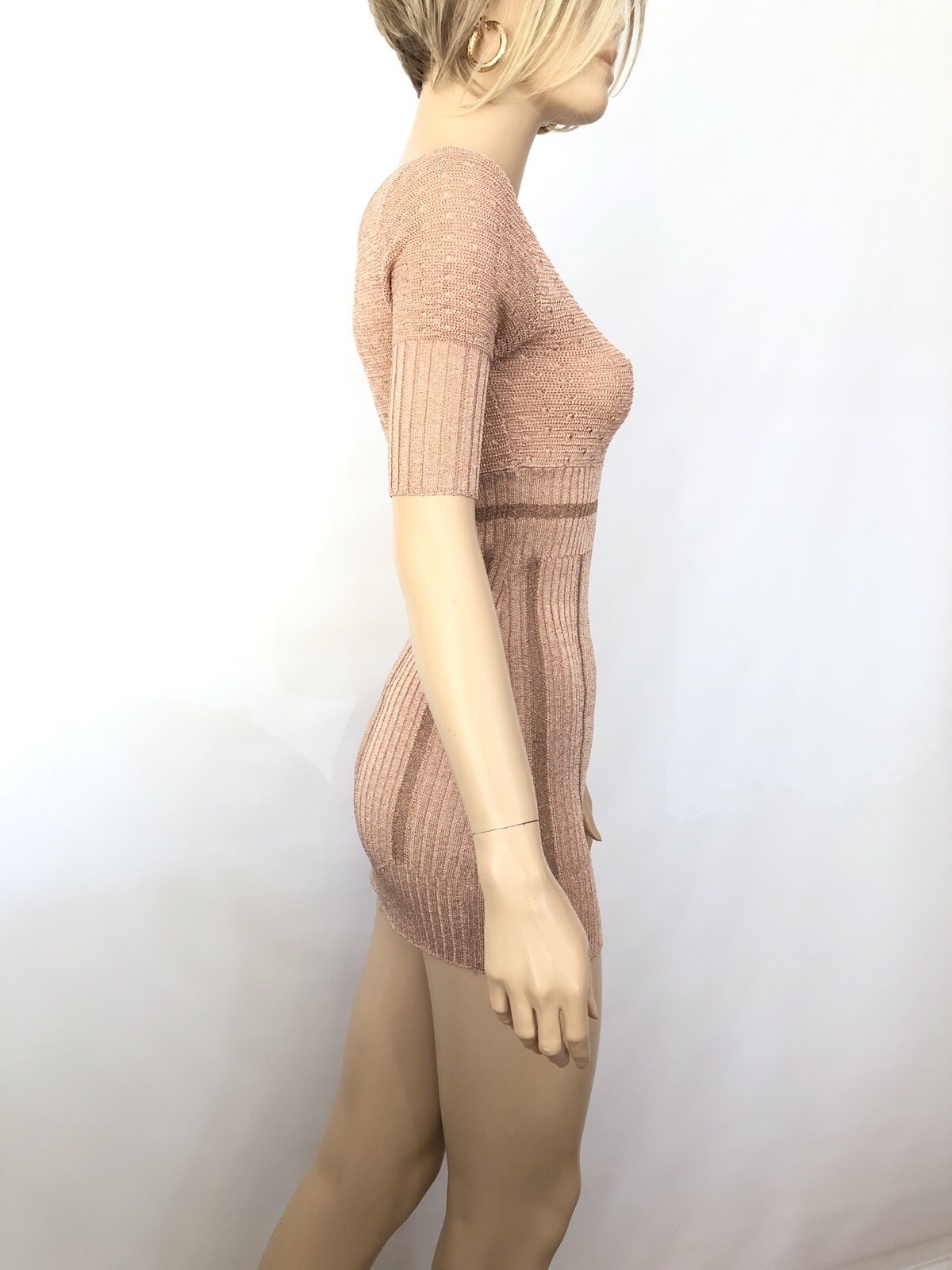 Retro Knit Mini Sweater Dress Rose Gold Copper Crochet 90s Designer Vintage SM
