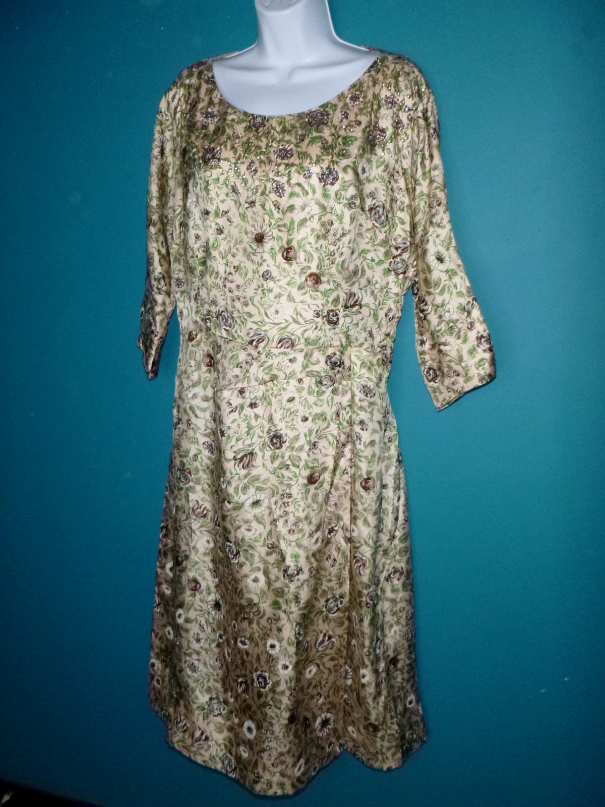 Vtg 1940s Pinkish Tan Silky Floral Dress Sequin Embellishment VOLUP Sz L/XL