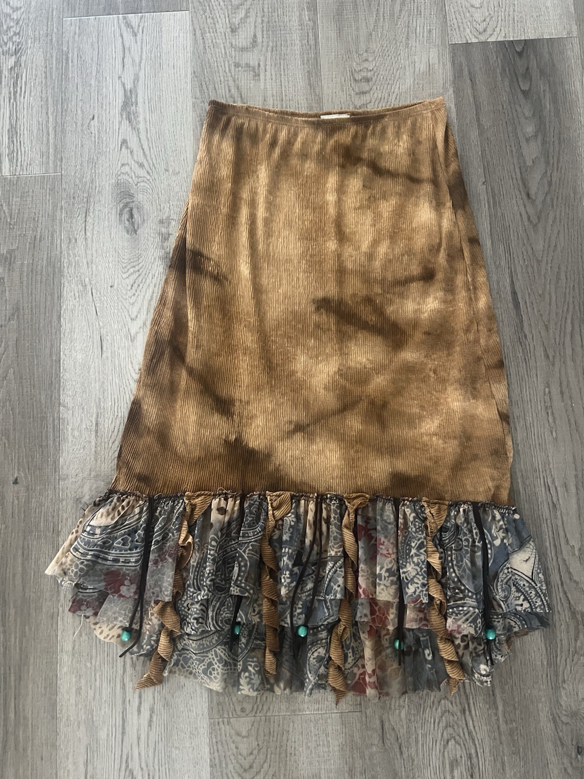 Vintage Punky Girl USA Bohemian Brown and Blue Ruffle Beaded Skirt L