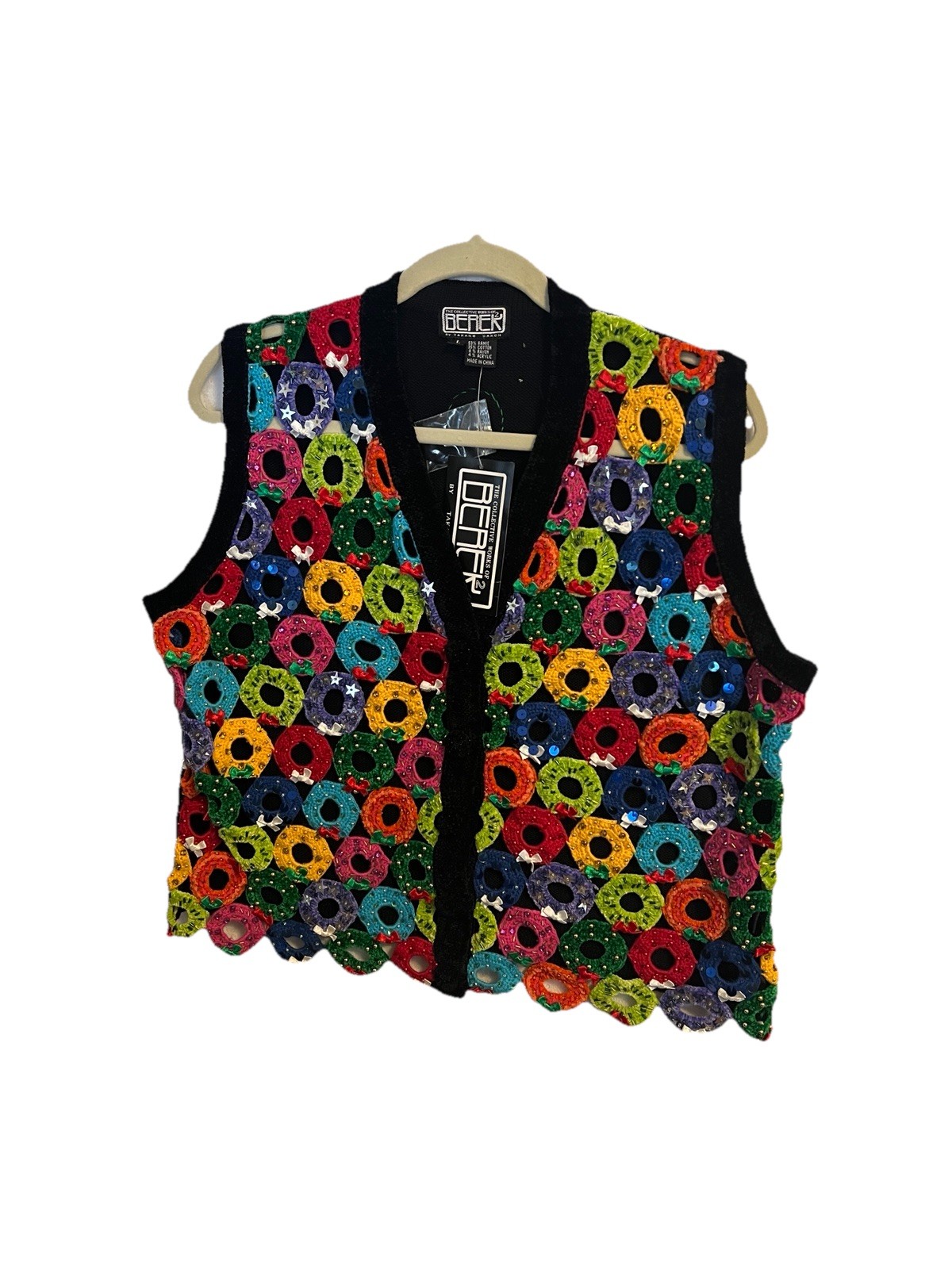 New Vintage Berek Holiday Christmas Vest Embellished Sparkly Wreaths Bows L