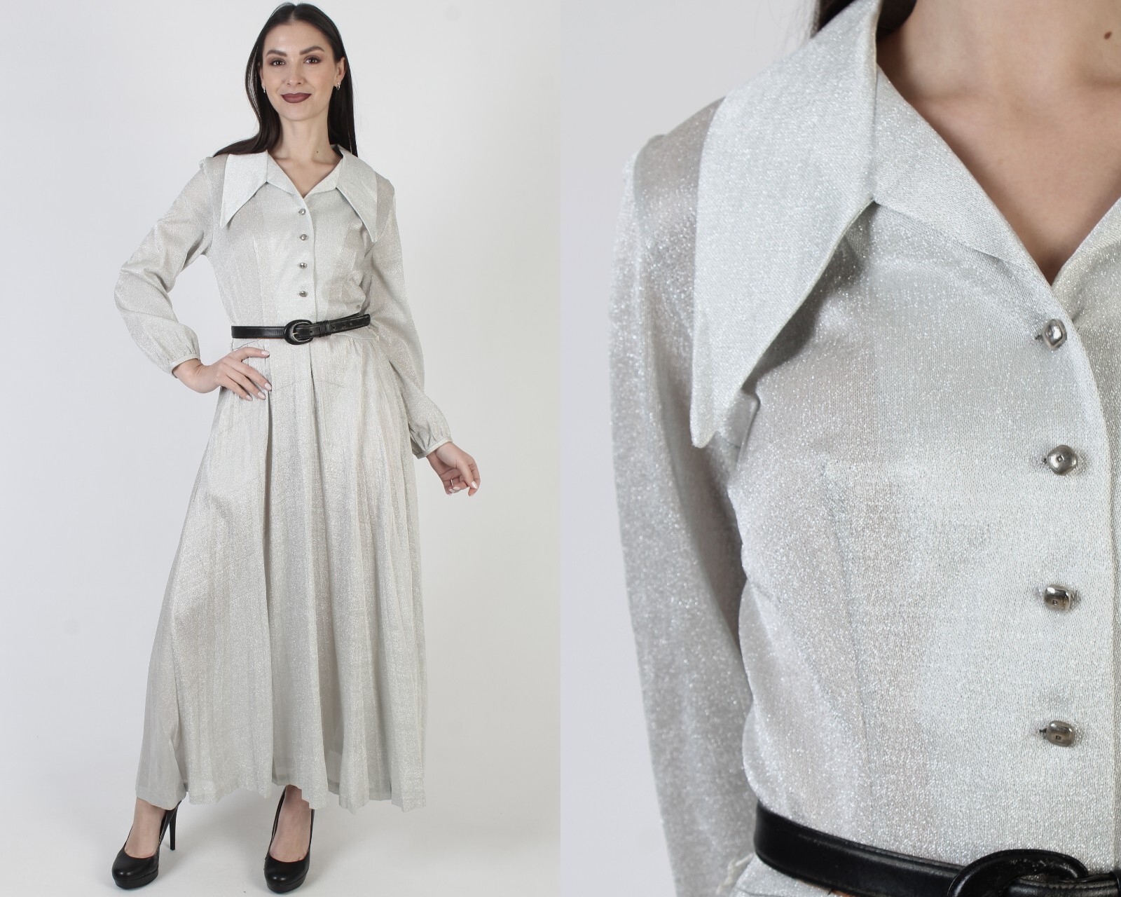 Vintage Silver Metallic Dress Dagger Butterfly Collar Long Cocktail Pockets Maxi