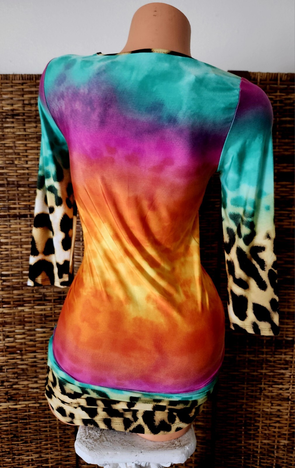 Vintage Audition Y2K Sunset Jungle Rainbo Stretch Body Con Party Mini Dress Sz M