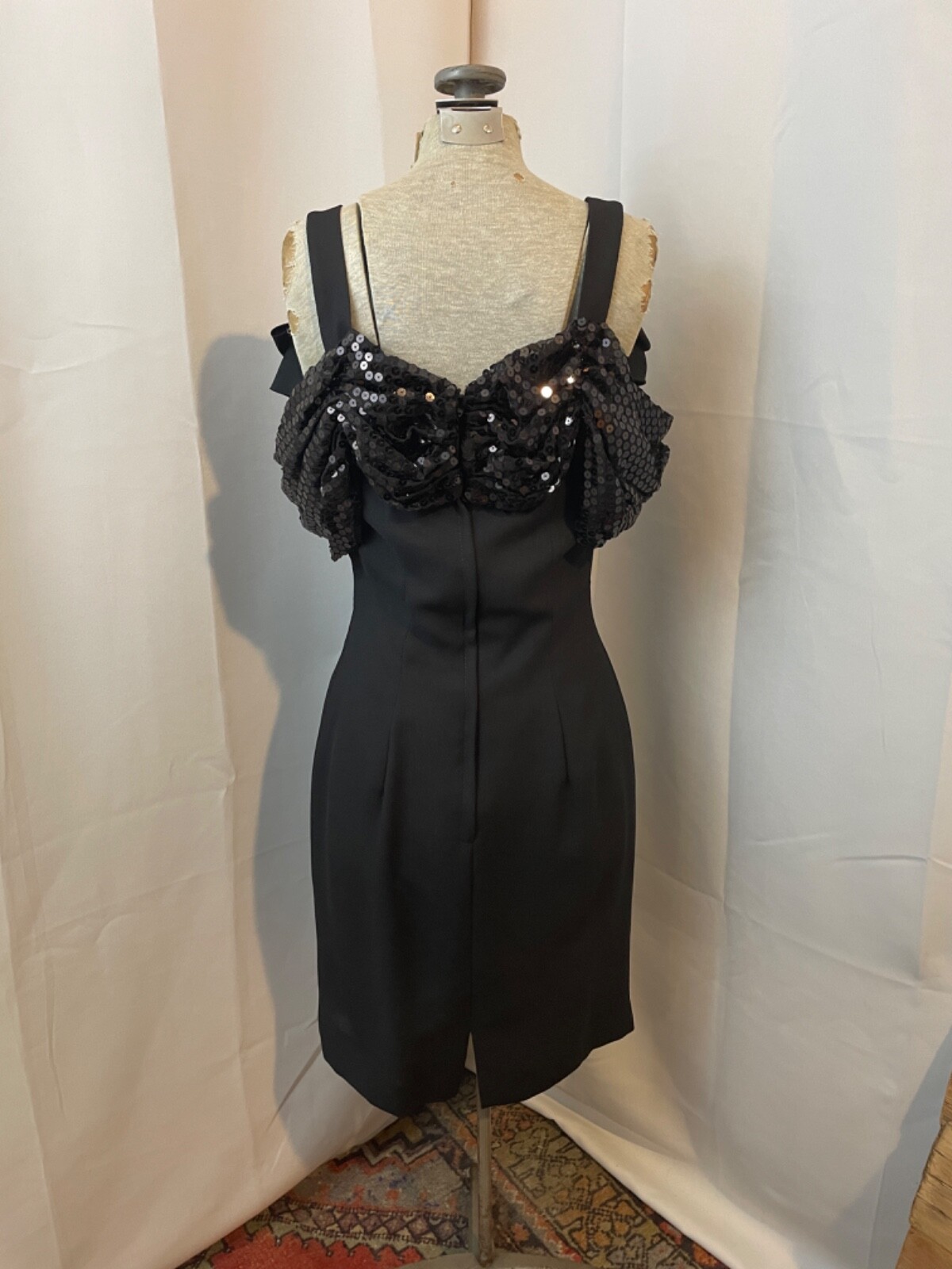 Black Sequin Mini Dress 1970s Vintage Disco Party Glam XS S