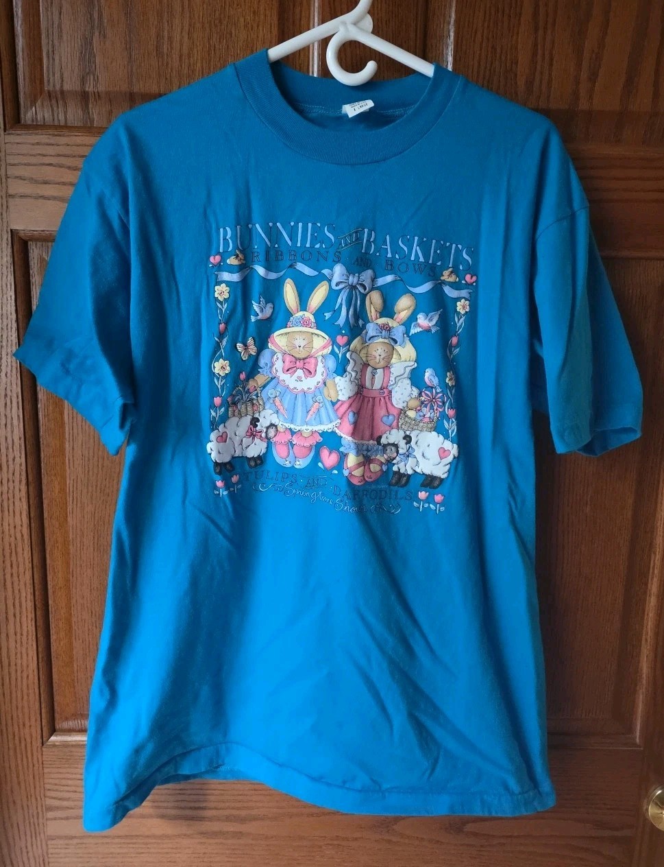 VTG Bunnies & Baskets, Ribbons & Bows Tulips & Daffodils Spring T-Shirt Sz XL