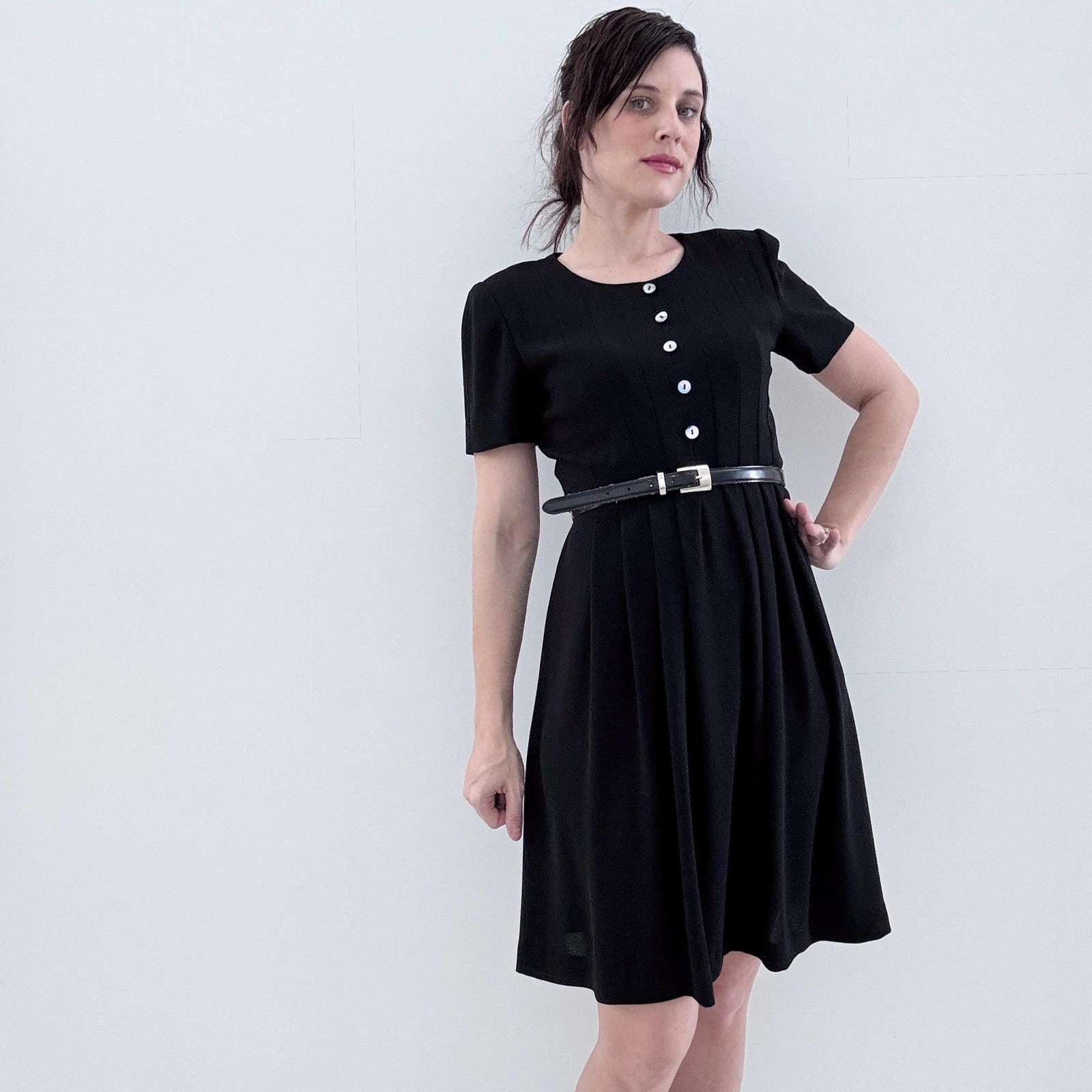 Vintage 90s Black Mini Dress 6 Button-Up Short Sleeve Fit & Flare Shirtdress