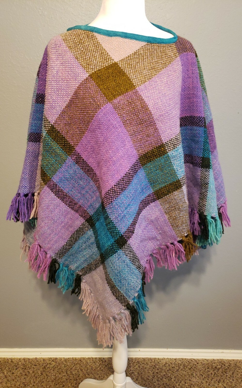 Vtg Fringe Plaid Purple Blue Rose Olive Wool Fall Pullover Poncho Jacket