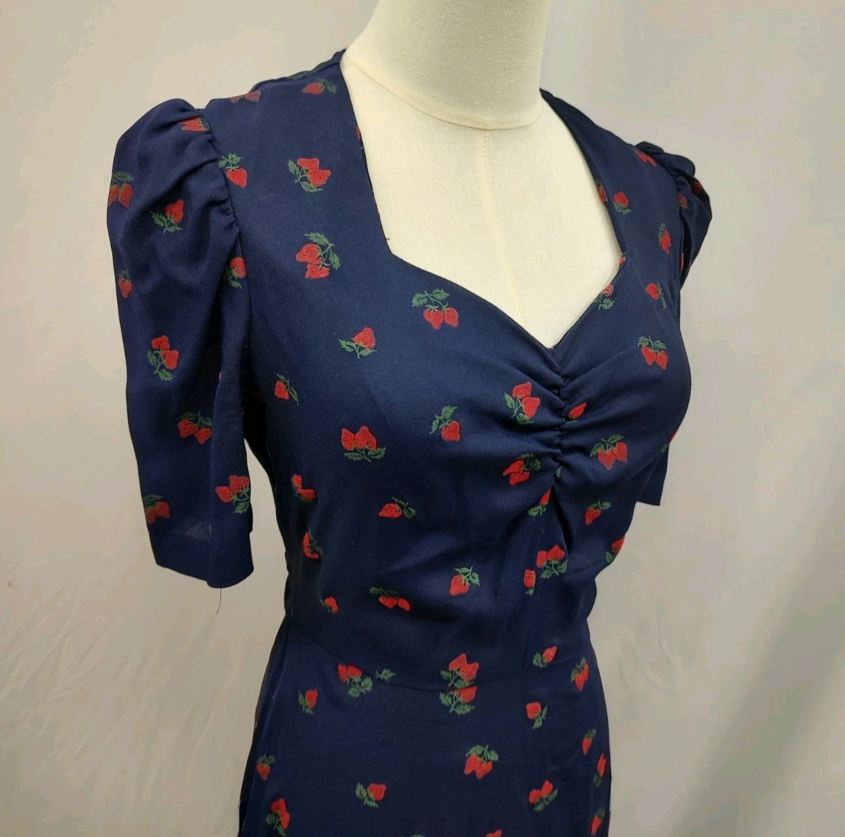 80’s Vintage Maxi Dress Strawberry Flocked Print Navy Sweetheart Neckline Long S