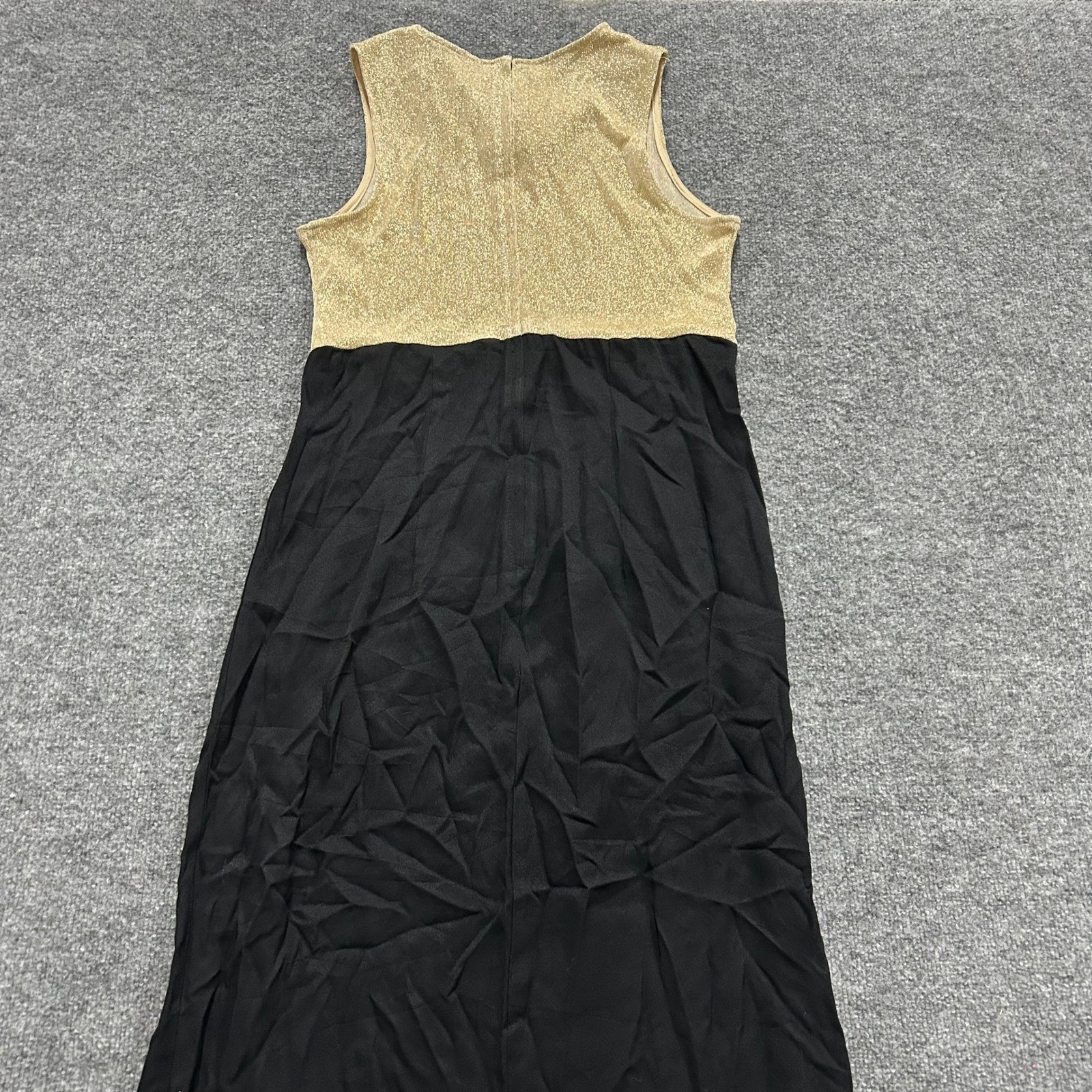 Vintage Maxi Dress Womens Size 14 Gold Lurex Black Sleeveless Evening Gown USA