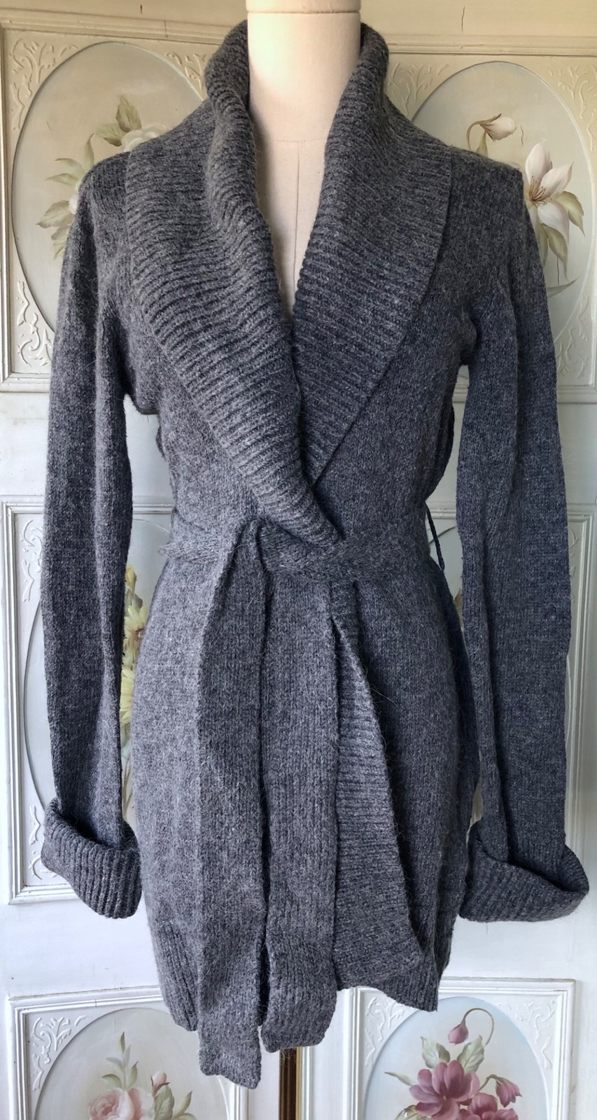 VTG 90s CITY DKNY DARK GRAY SHAWL COLLAR CARDIGAN SWEATER THICK WOOL KNIT S EUC