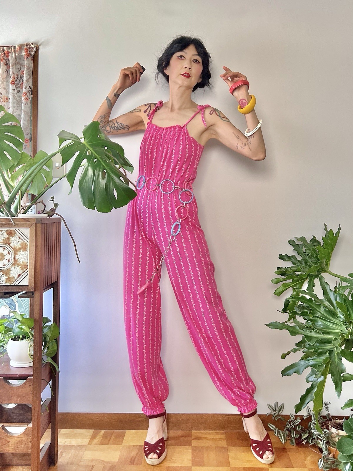 vintage 70s Hot Pink Disco Jumpsuit Floral Stripe Tie Strap Boho Stretch XS S M