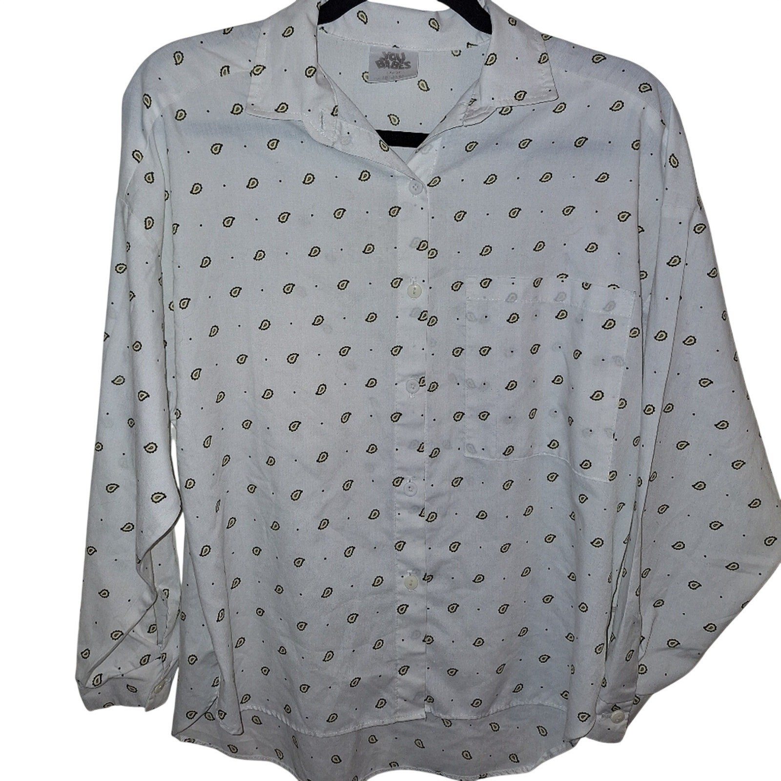 Vintage You Babes Womens Large White Paisley Button Down Shirt Long Sleeve L