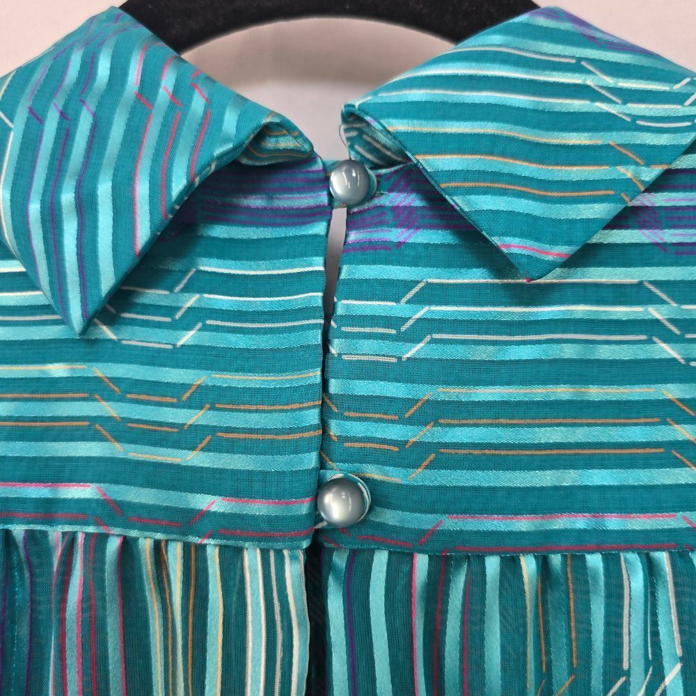 Vintage 80s Marinette Dress 14 Mock Neck Smocked Long Puffy Sleeve Sheer Striped