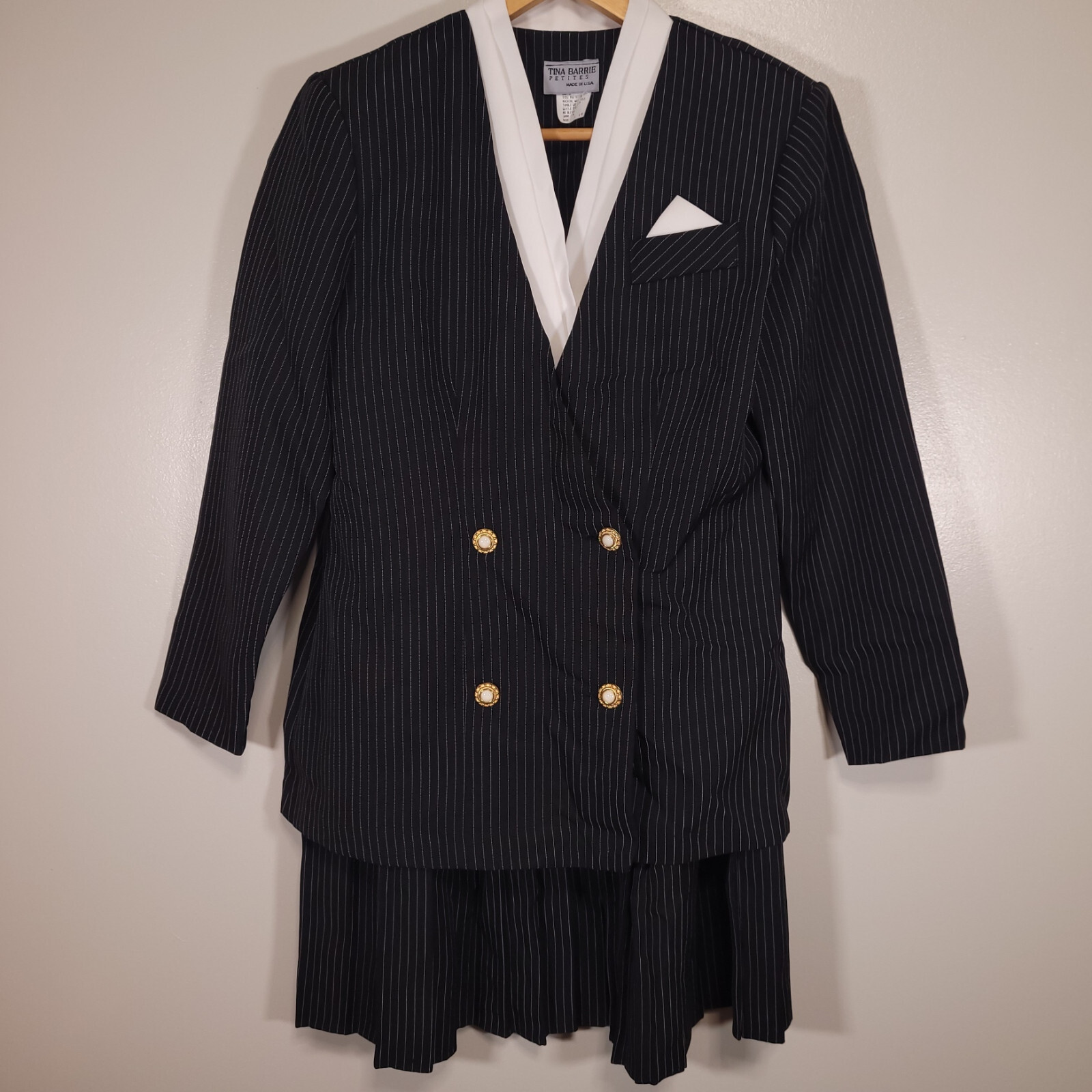 Vintage 80s Tina Barrie Size 10P 2PC Blazer & Skirt Black Pinstripe Made in USA