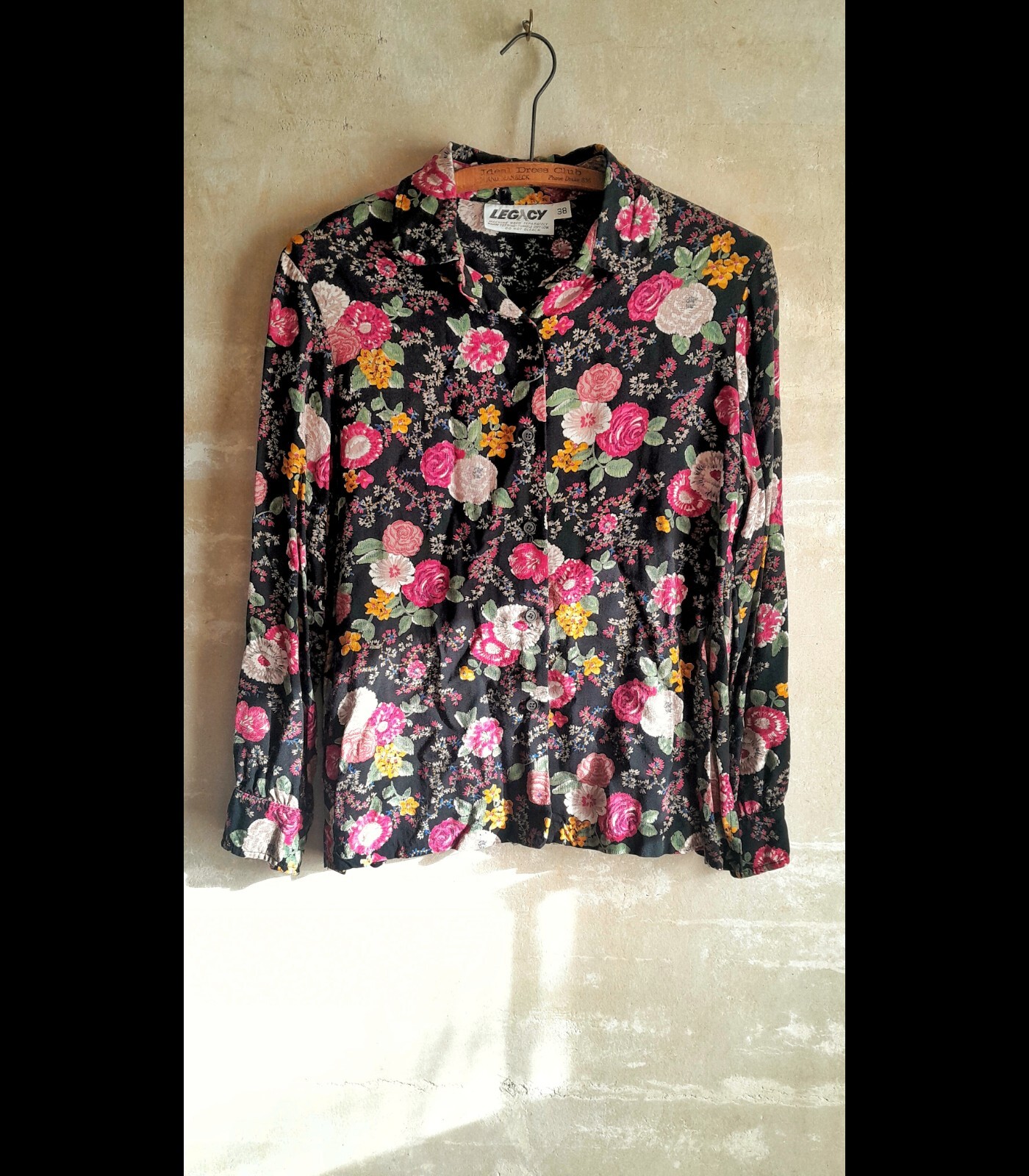 360. vintage 70s black floral long sleeve button-down blouse, 38