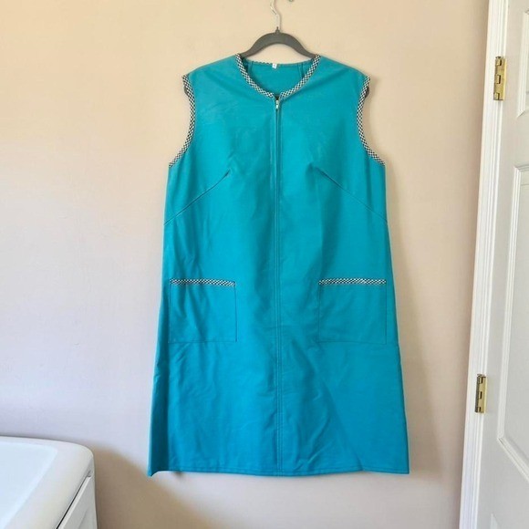 60s / 70s XL dark turquoise mod shift dress blue vintage plus size gingham