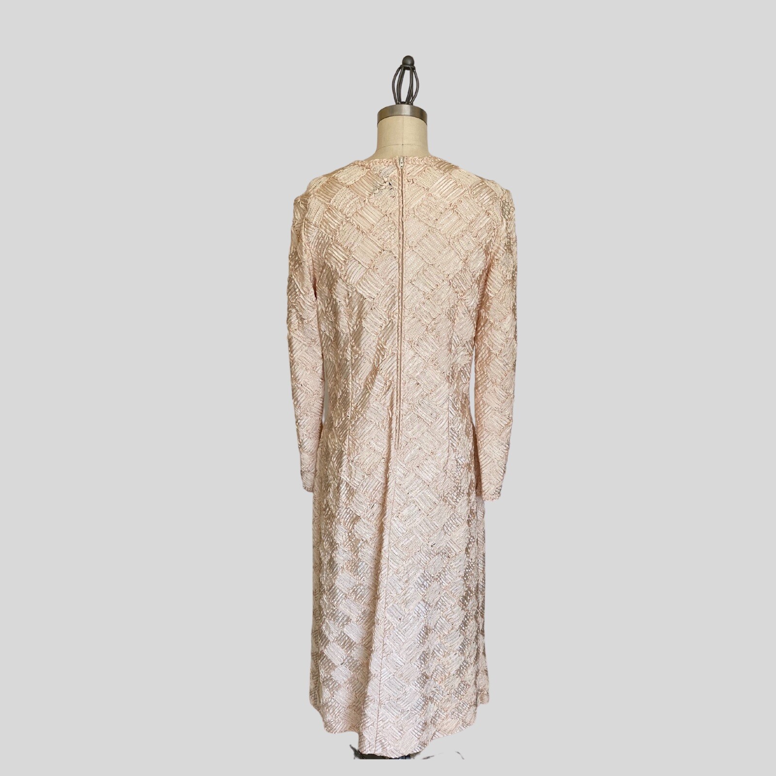 Vintage 60s Caledonia Sheath Dress Tan Nude Champagne Ribbon Wedding Evening