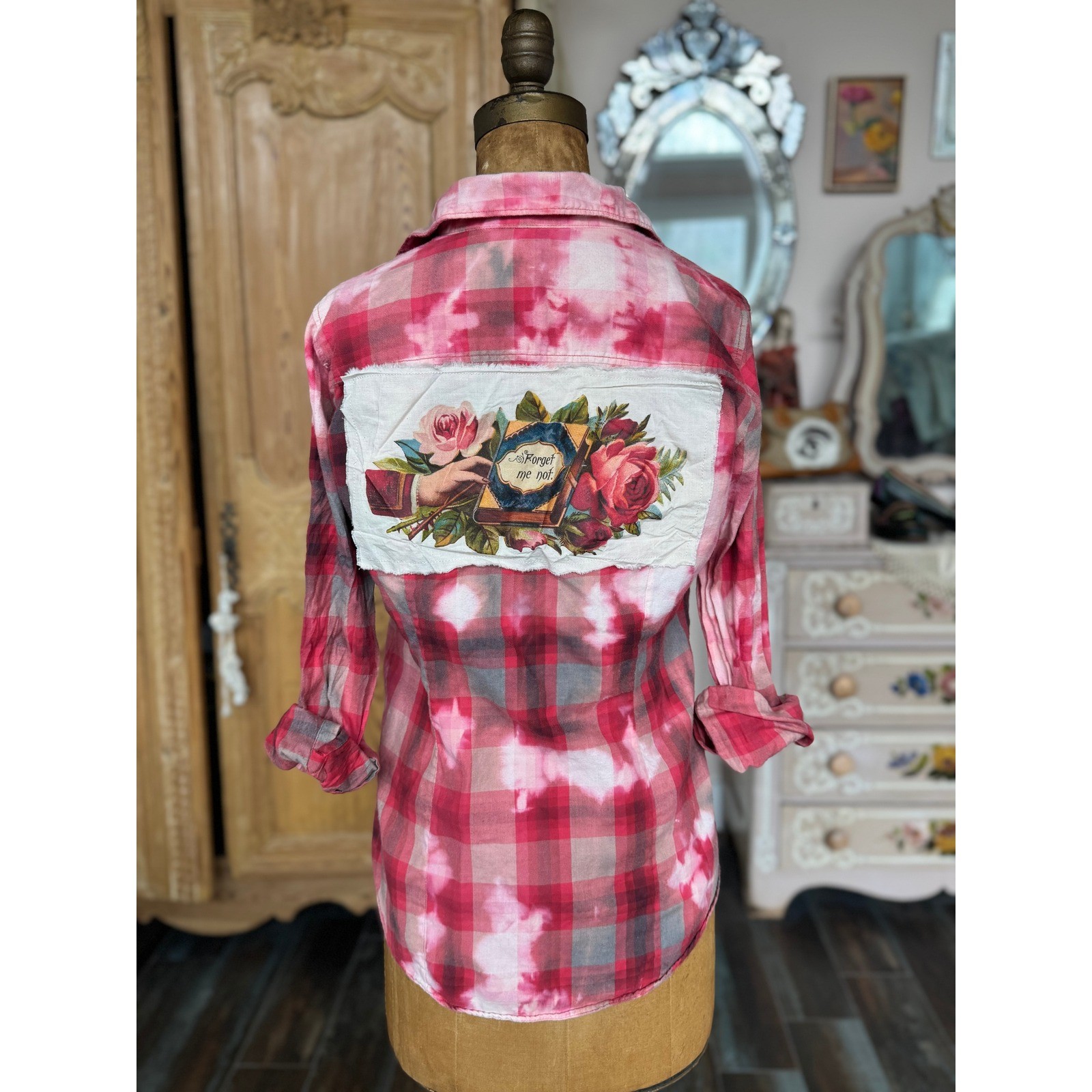 Upcycled J.Crew Pink Red Plaid Shirt Small Vintage Image „Forget Me Not” Back