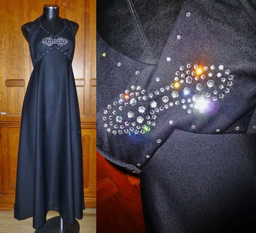Vtg 70s Black Jersey Knit Rhinestones Boho Empire Disco Evening Maxi DRESS GOWN