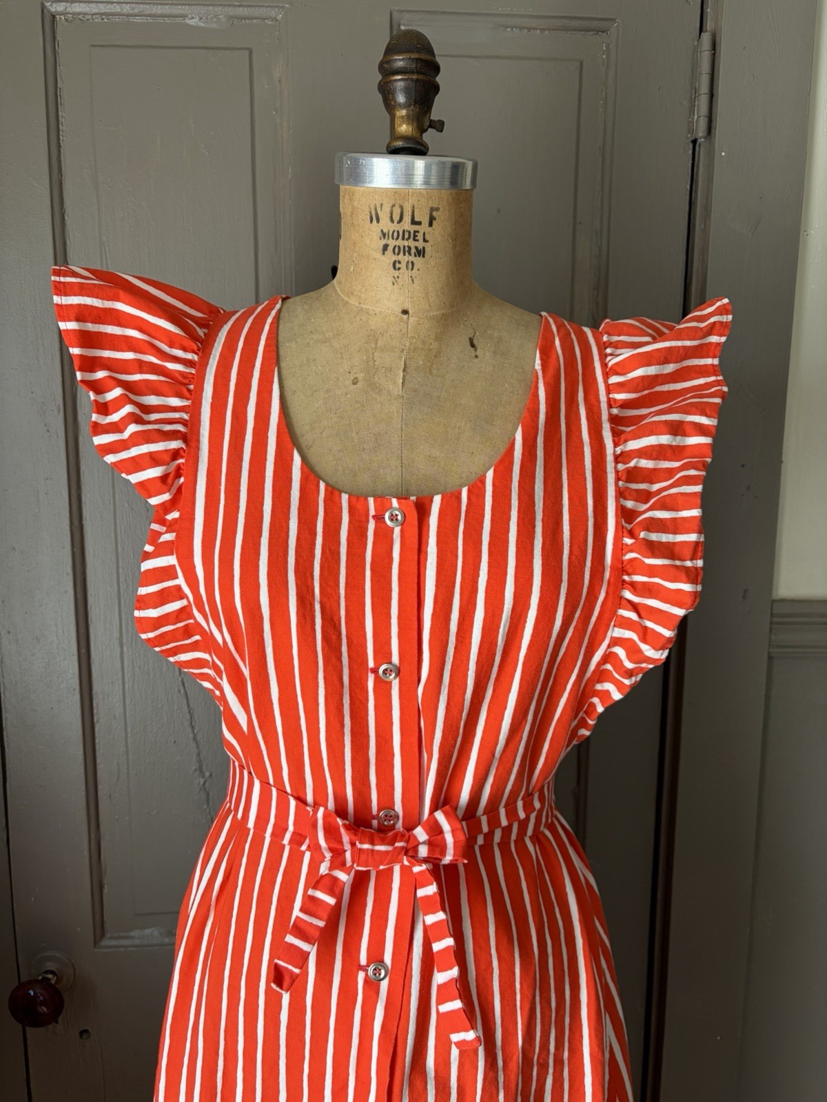 Vintage 1960s 1970s Marimekko Mariessu Red White Piccolo Stripe Apron Dress S
