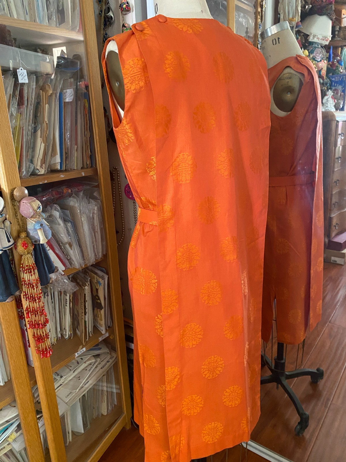 Vintage 50’s 60’s Sydney Honolulu Hawaiian Dress Orange Back Drape + Belt Silk M