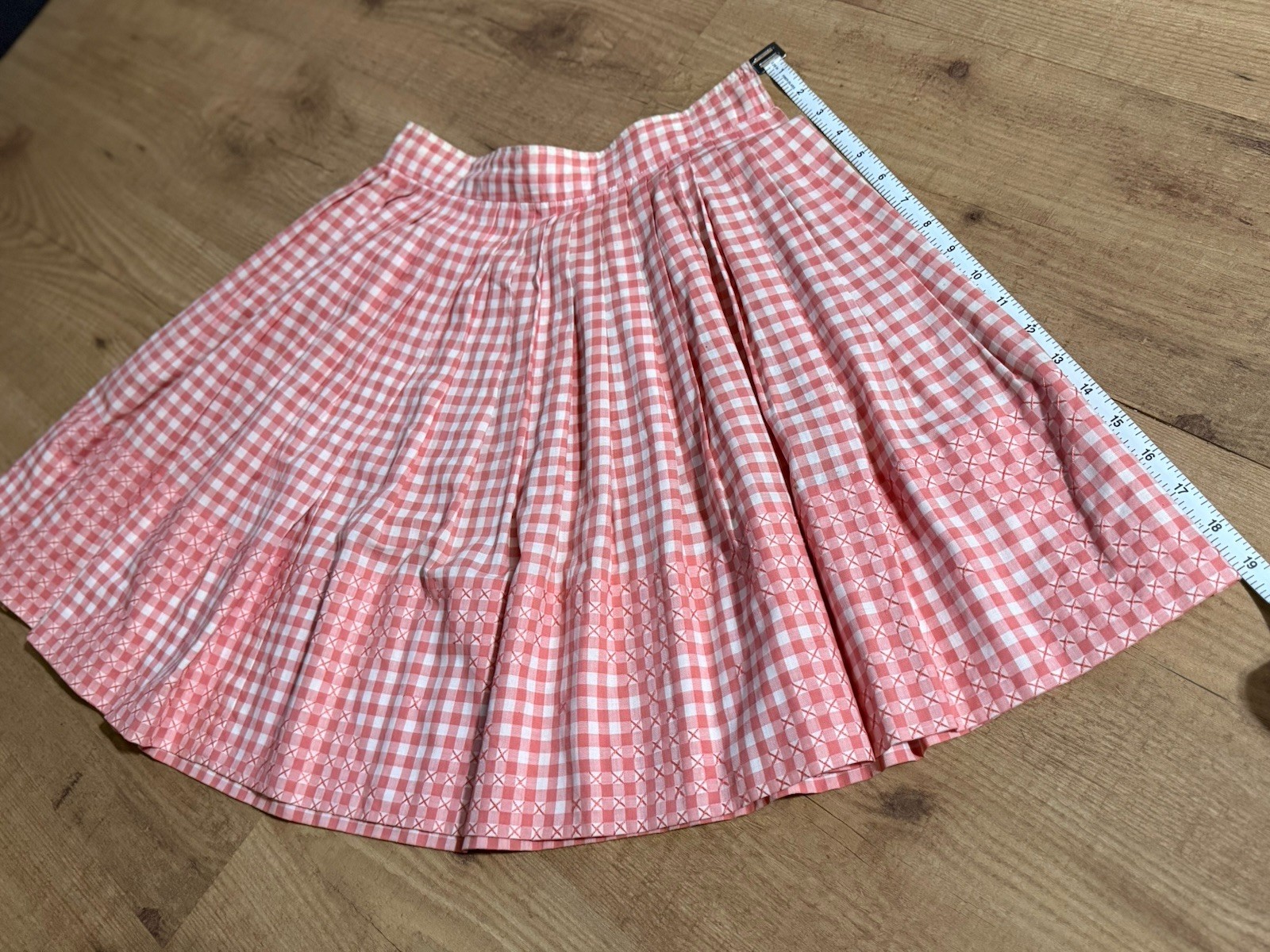 Vtg Sz XS~S Pleated Skirt Coral GINGHAM Cotton