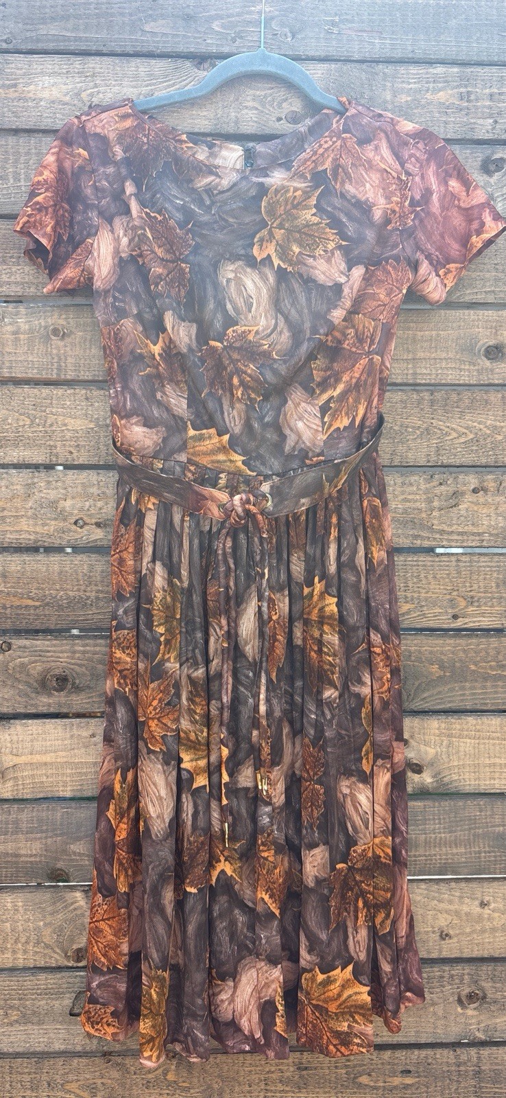 Vintage 1970s Autumn Leaf Print Pleated Dress Brown Belted Midi Boho