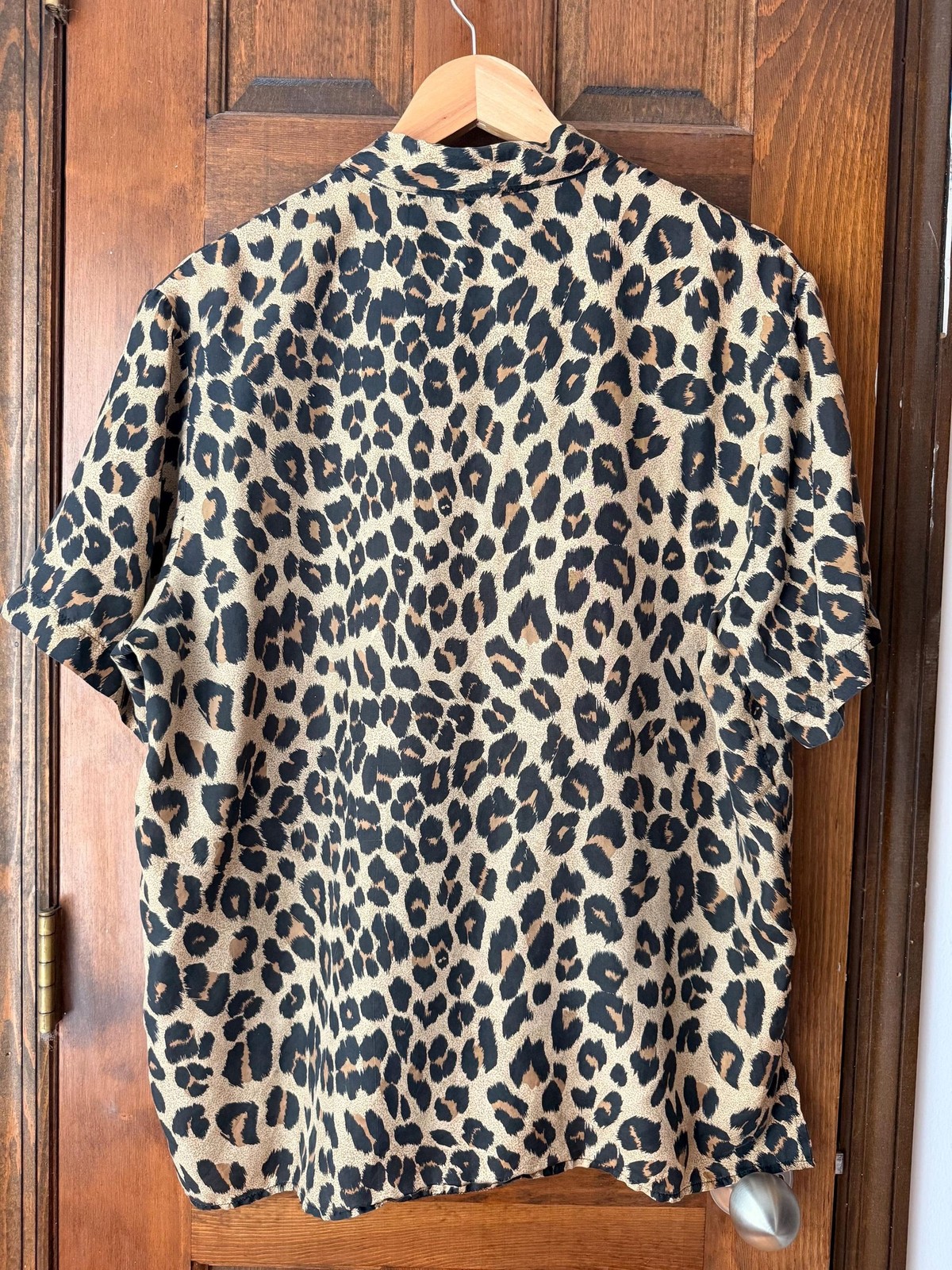 Vintage 90s Leopard Print 100% Silk Blouse Button Front Animal Print Top Large