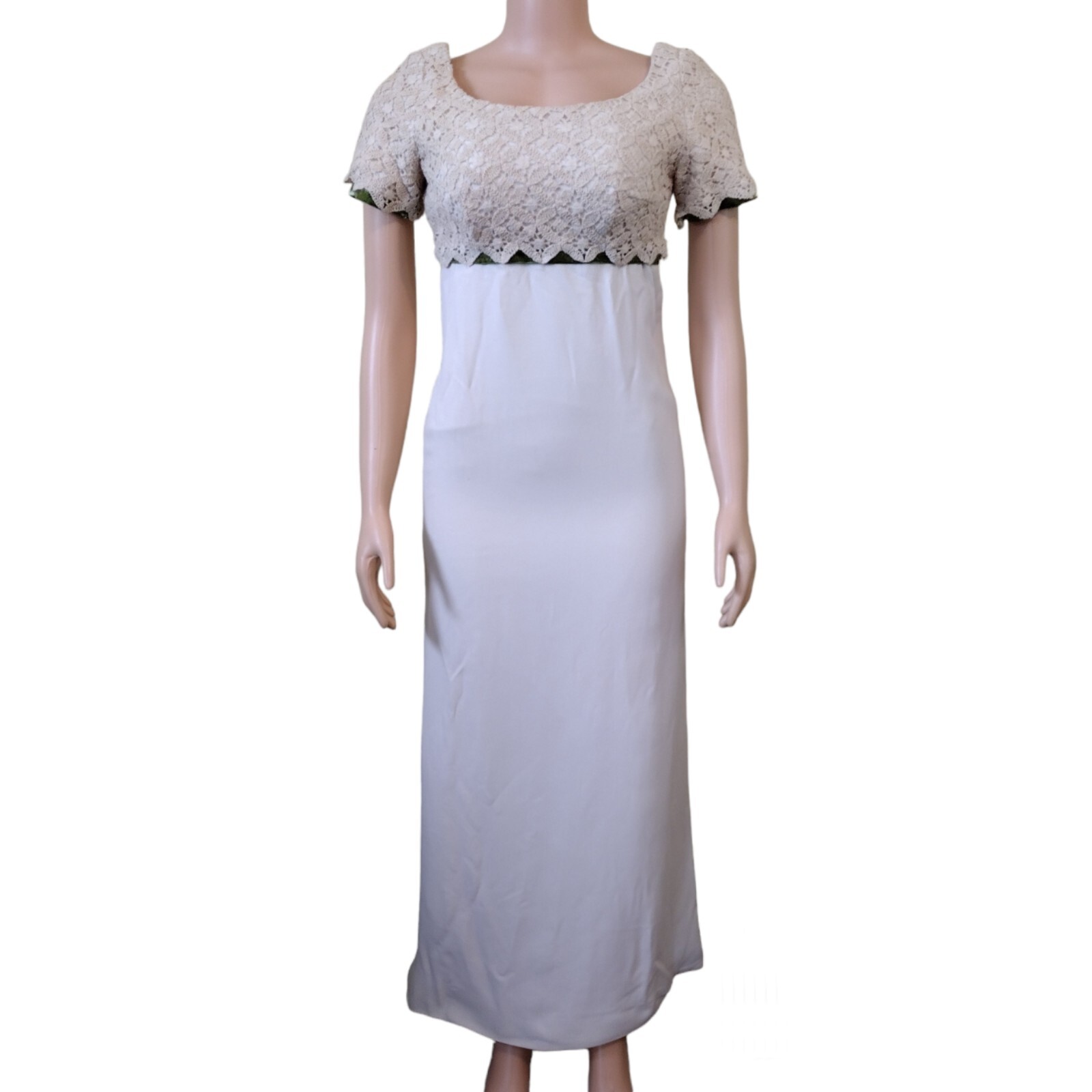Vintage 1960’s Ivory Boho Maxi Dress With Crochet Bodice Green Velvet 27 Waist