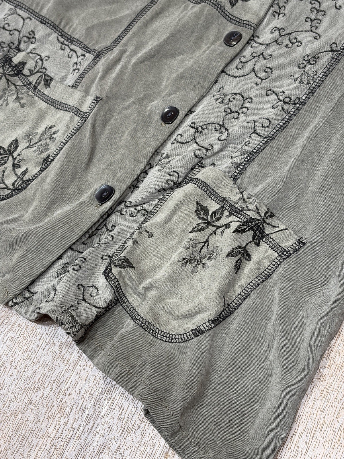 Vtg Embroidered Jacket Olive Green Button Up Shirt Floral Shacket M Goblincore