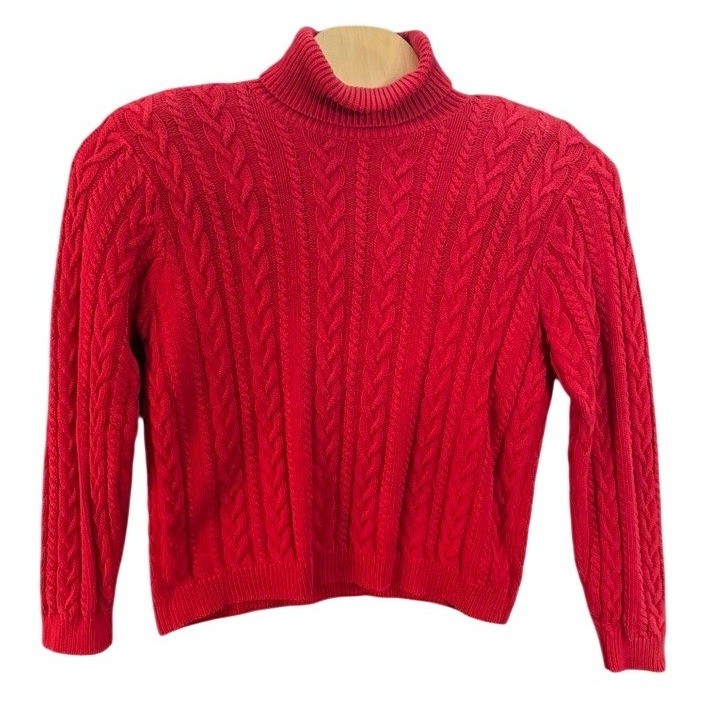 Wainscott Red Cable Knit Turtleneck Sweater 100% Cotton Large Women Vintage