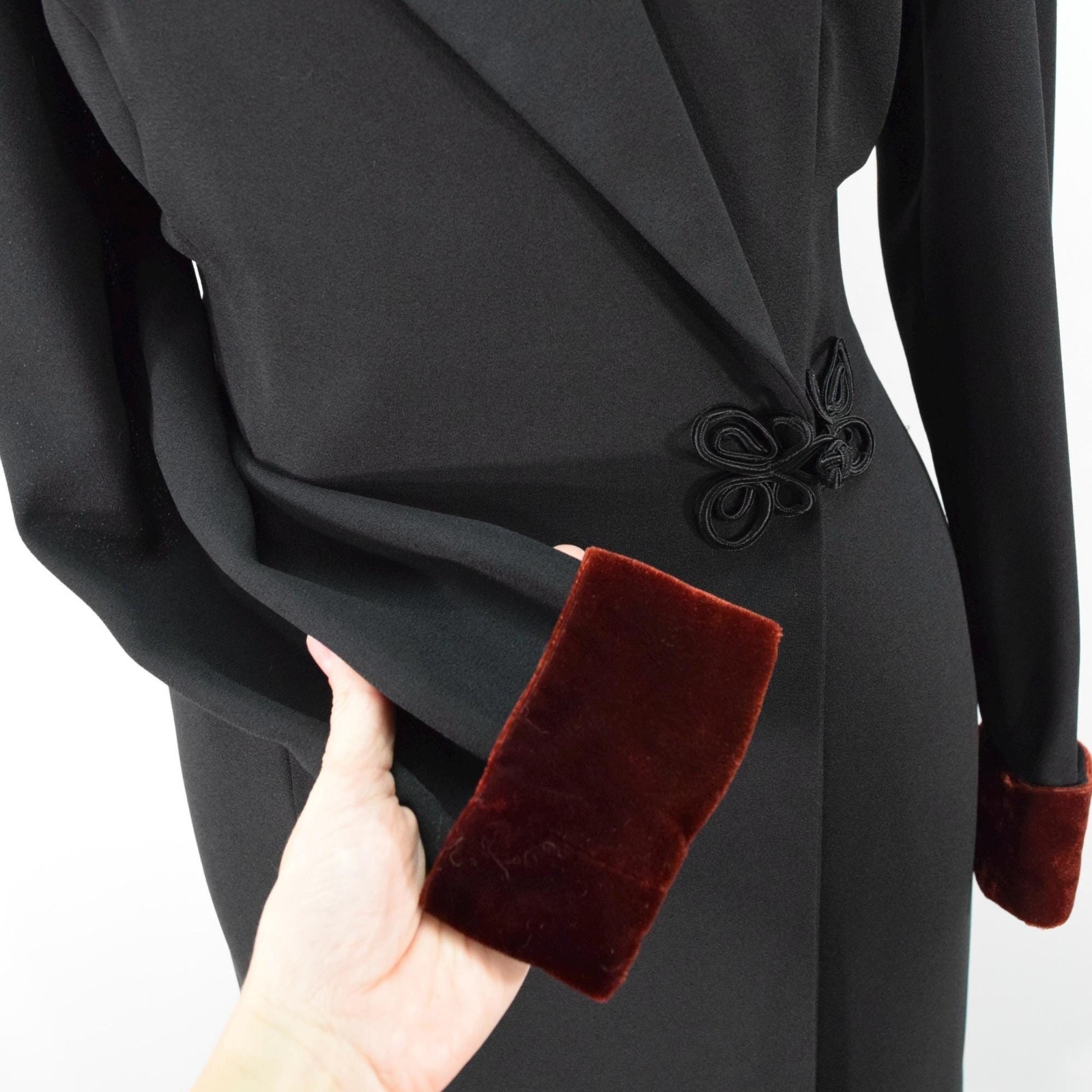 80s Vintage Velvet Trim Evening Dress M Asian-Detail Goth Glam Faux-Wrap Midi
