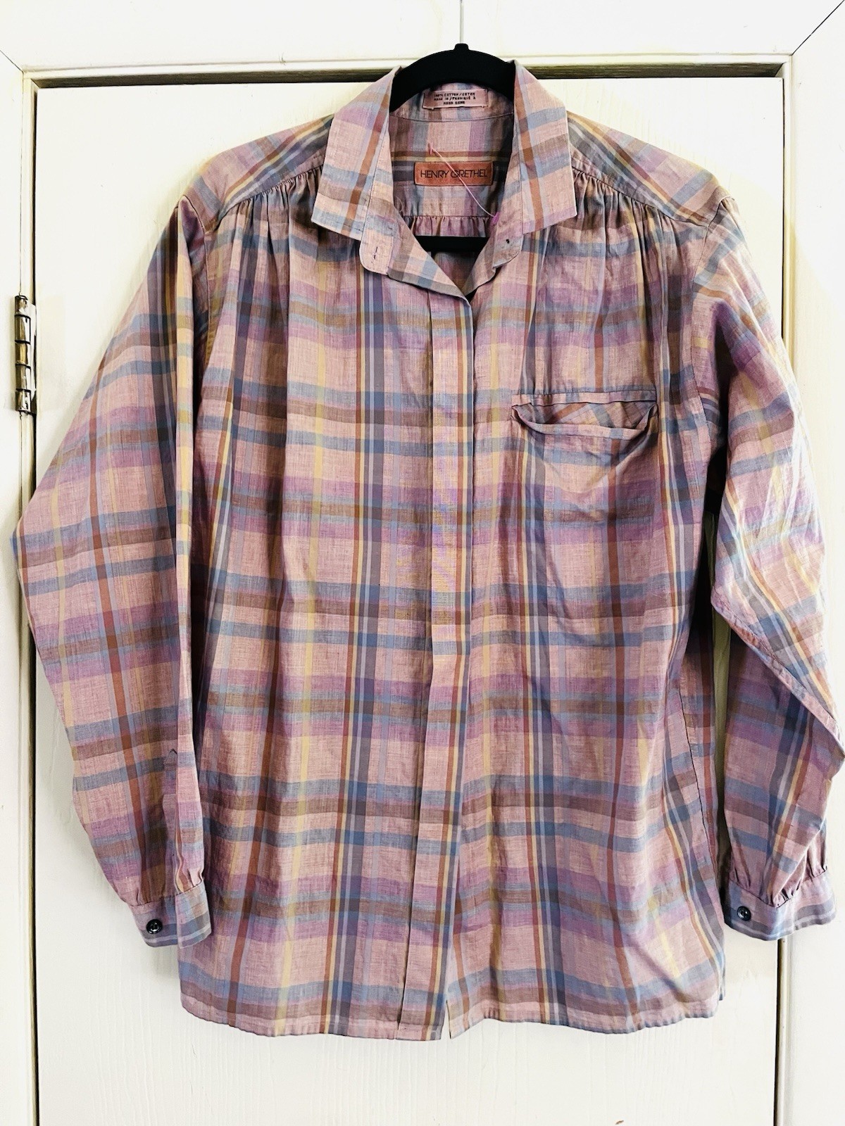 VTG 70s Prairie Peasant Cottagecore Gathered Yoke Boho Plaid Cotton Folk Blouse