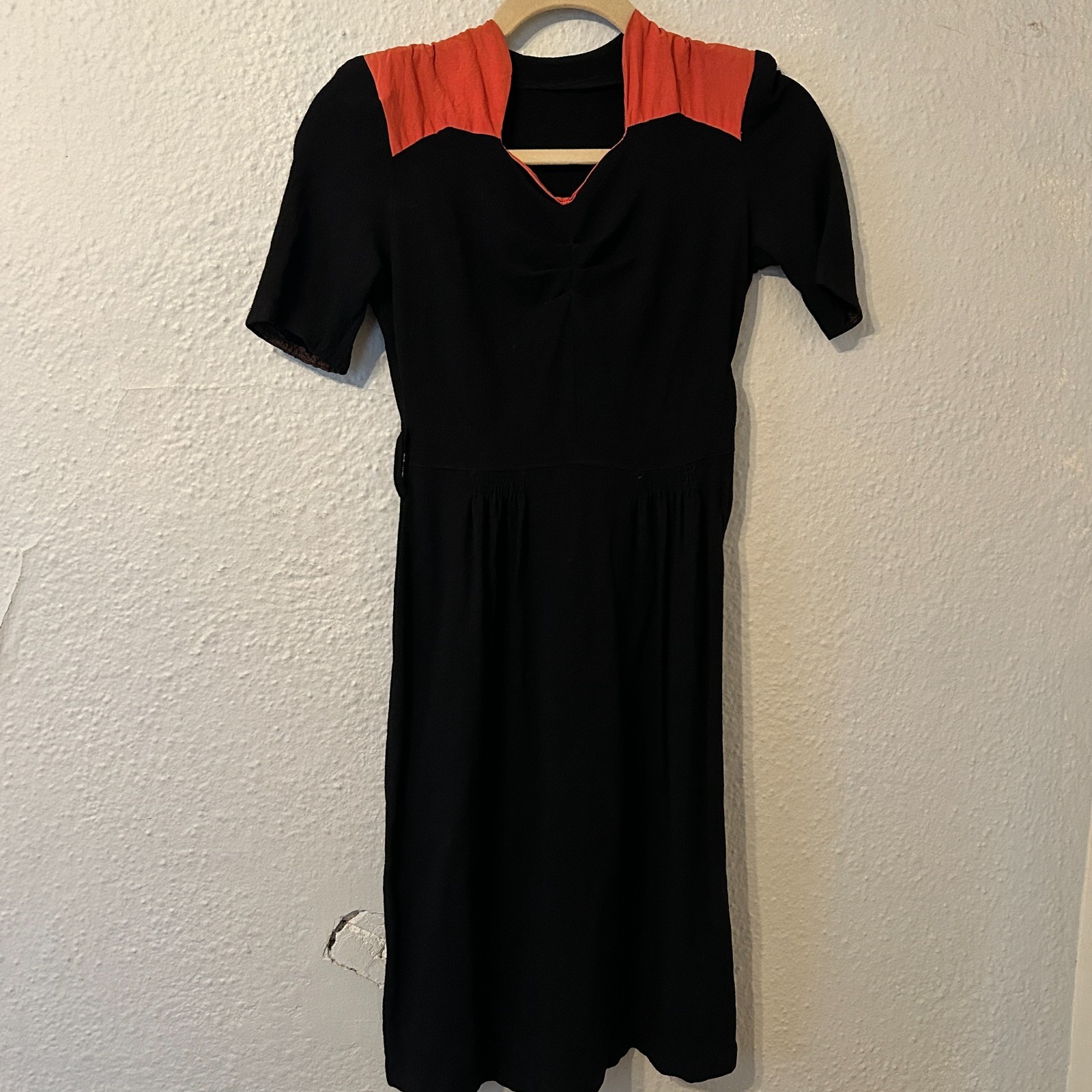 Vintage 40s Womens XS Black Crepe Rayon Dress Cocktail Two Tone Rockabilly VLV