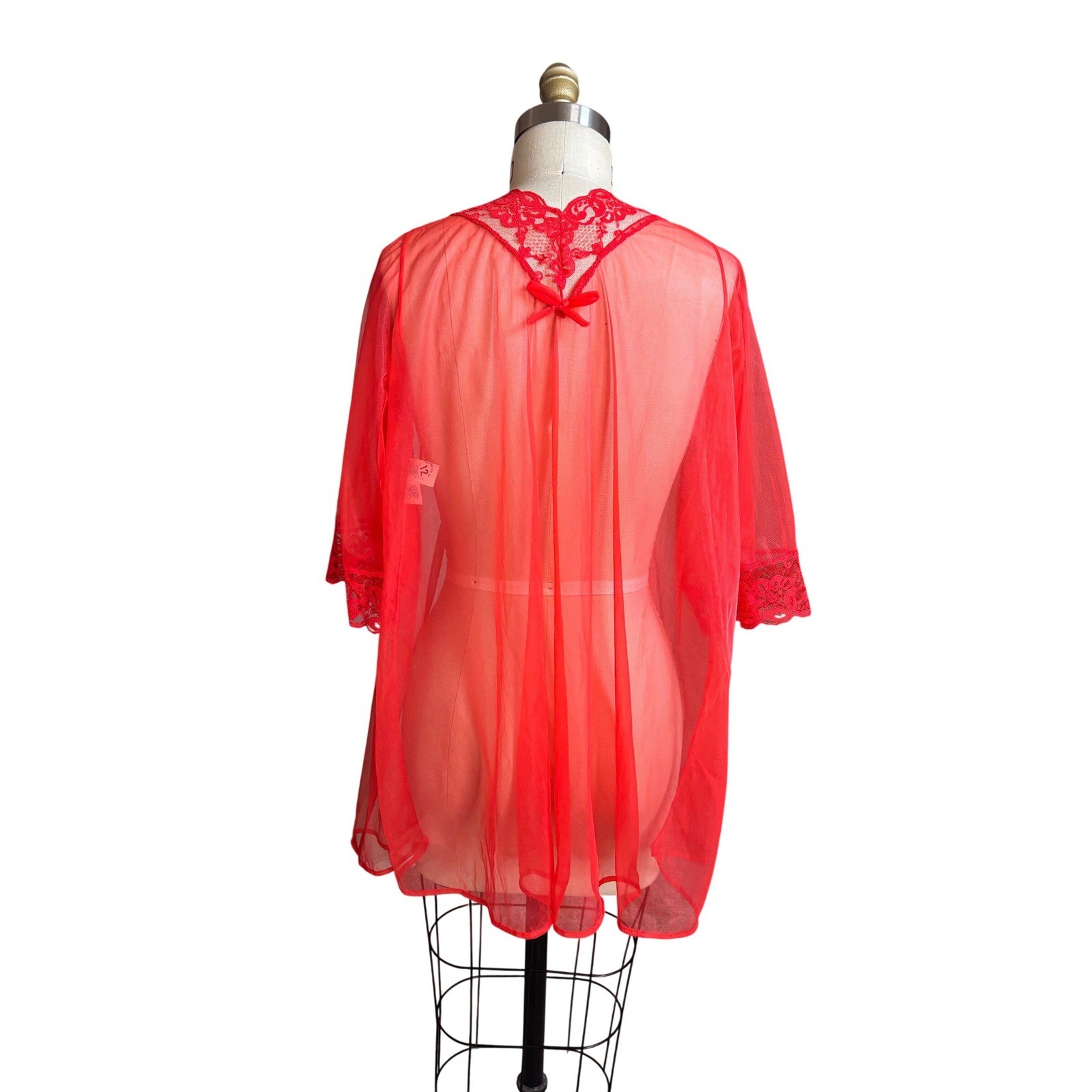 Pandora 60s Lace Trim Sheer Mesh Fairy Lingerie Kimono Medium Cherry Red Vintage
