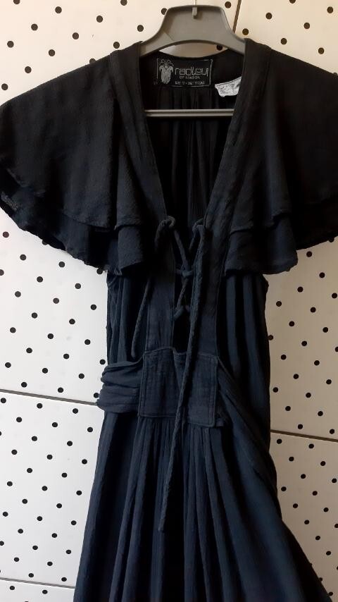 Vintage RADLEY London Black Maxi Sexy Cotton Dress Wing Sleeves Size 12-36″/91cm