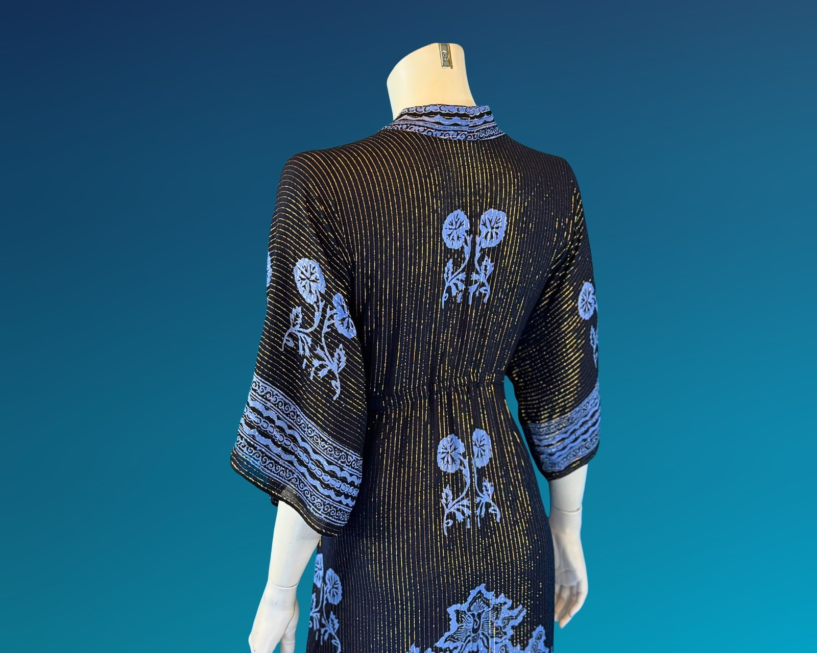 90s Gold Metallic Stripe Black and Blue Rayon Kaftan Dress | S M