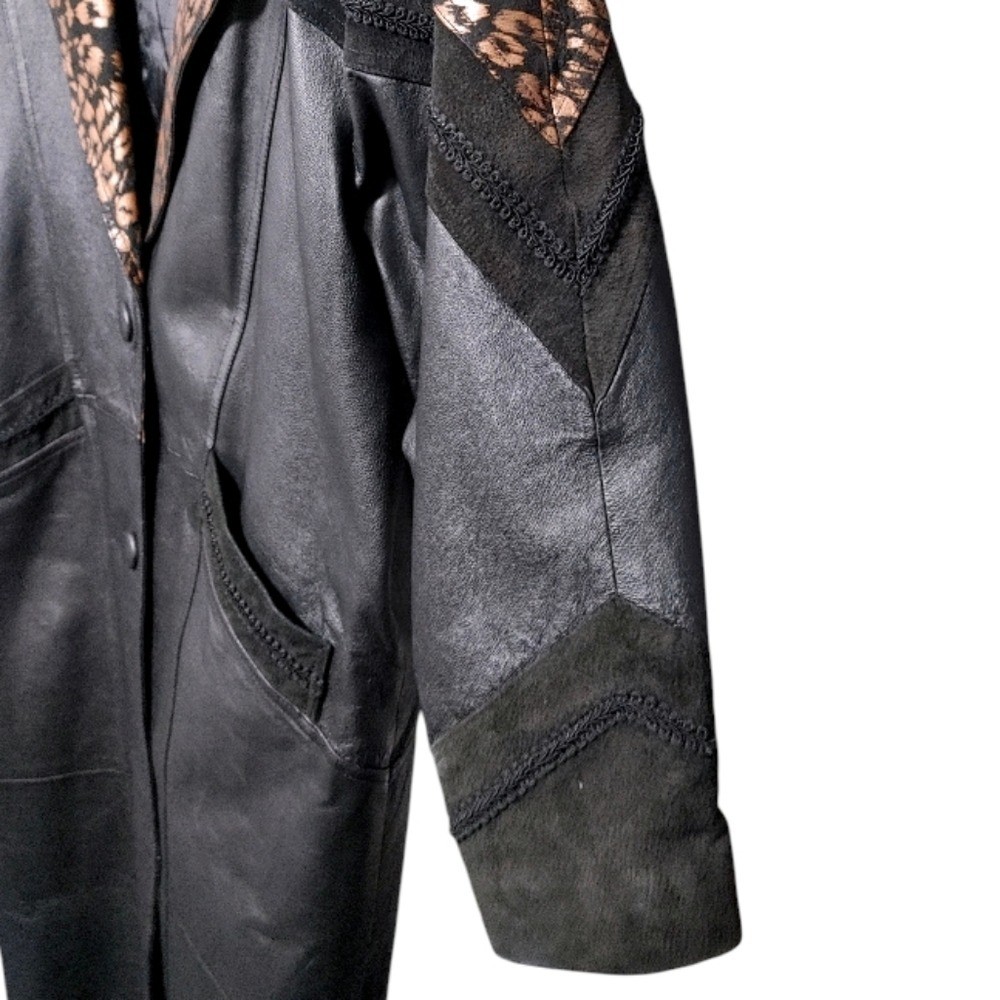 Vintage 80s JF J Ferrar Black Leopard Print Leather Suede Trench Coat Size Large