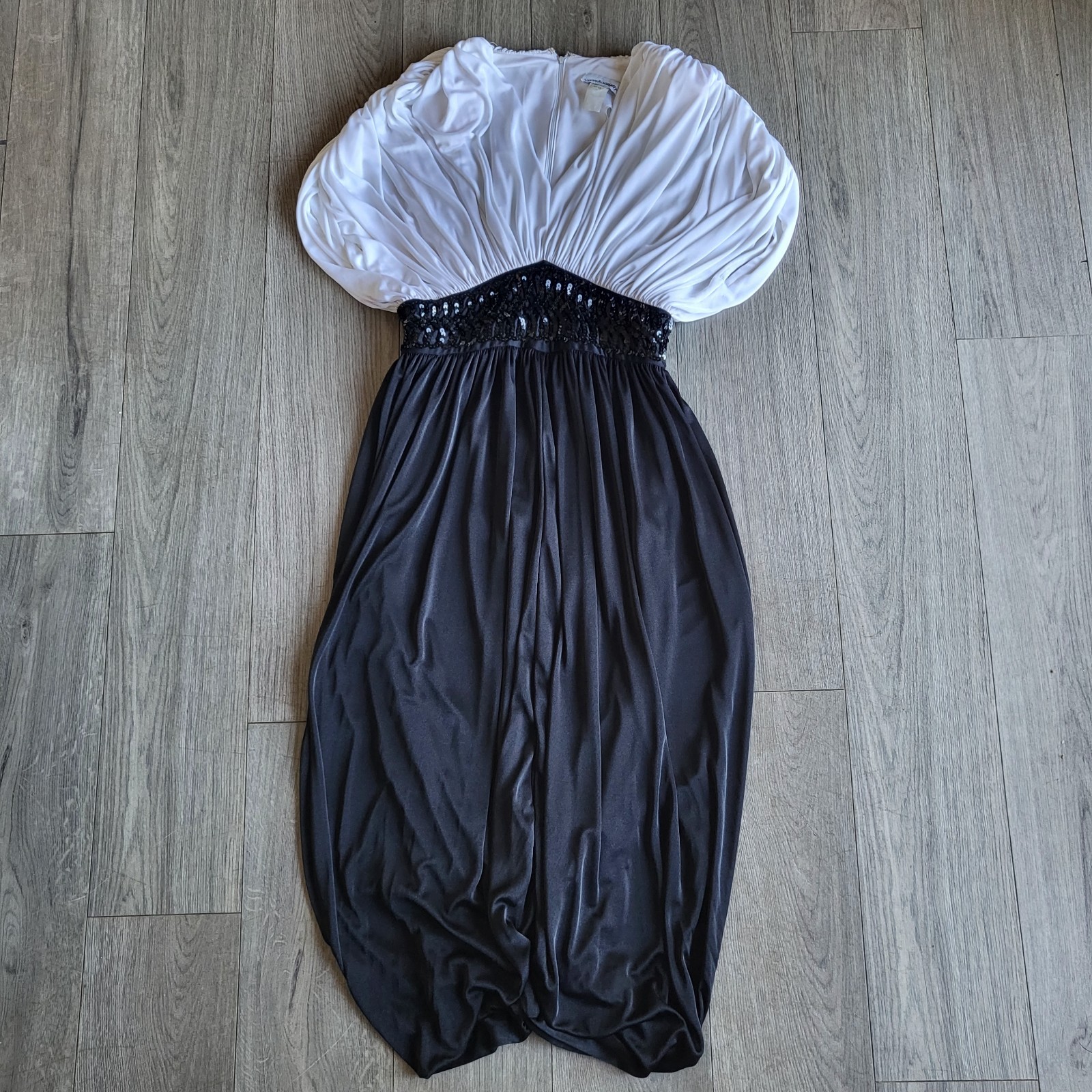 80s Lizzy&Johnny Drapey White/Black Vintage Disco Midi Dress Sequin 12 (Modern6)