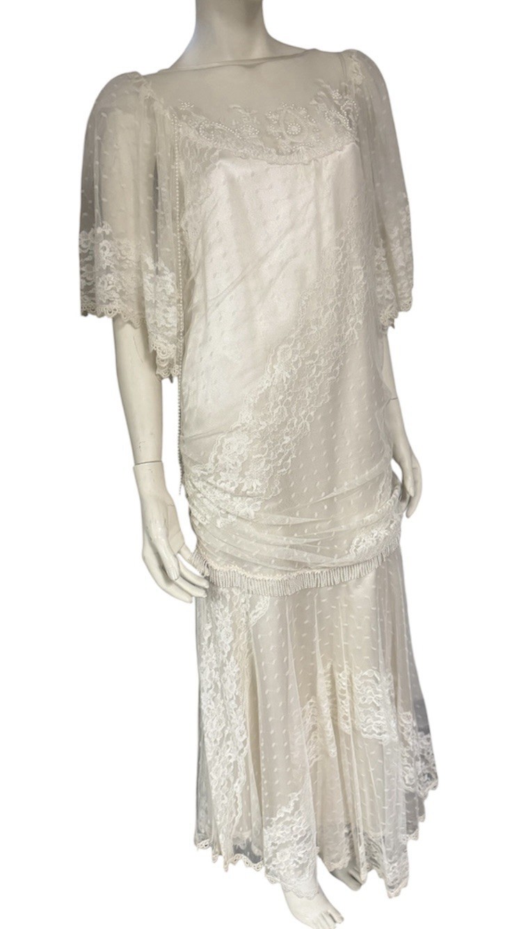 Vintage 80s Lorrie Kabala Lace Dress Bell Sleeve Boho Bridal New Size S M 8 Prom