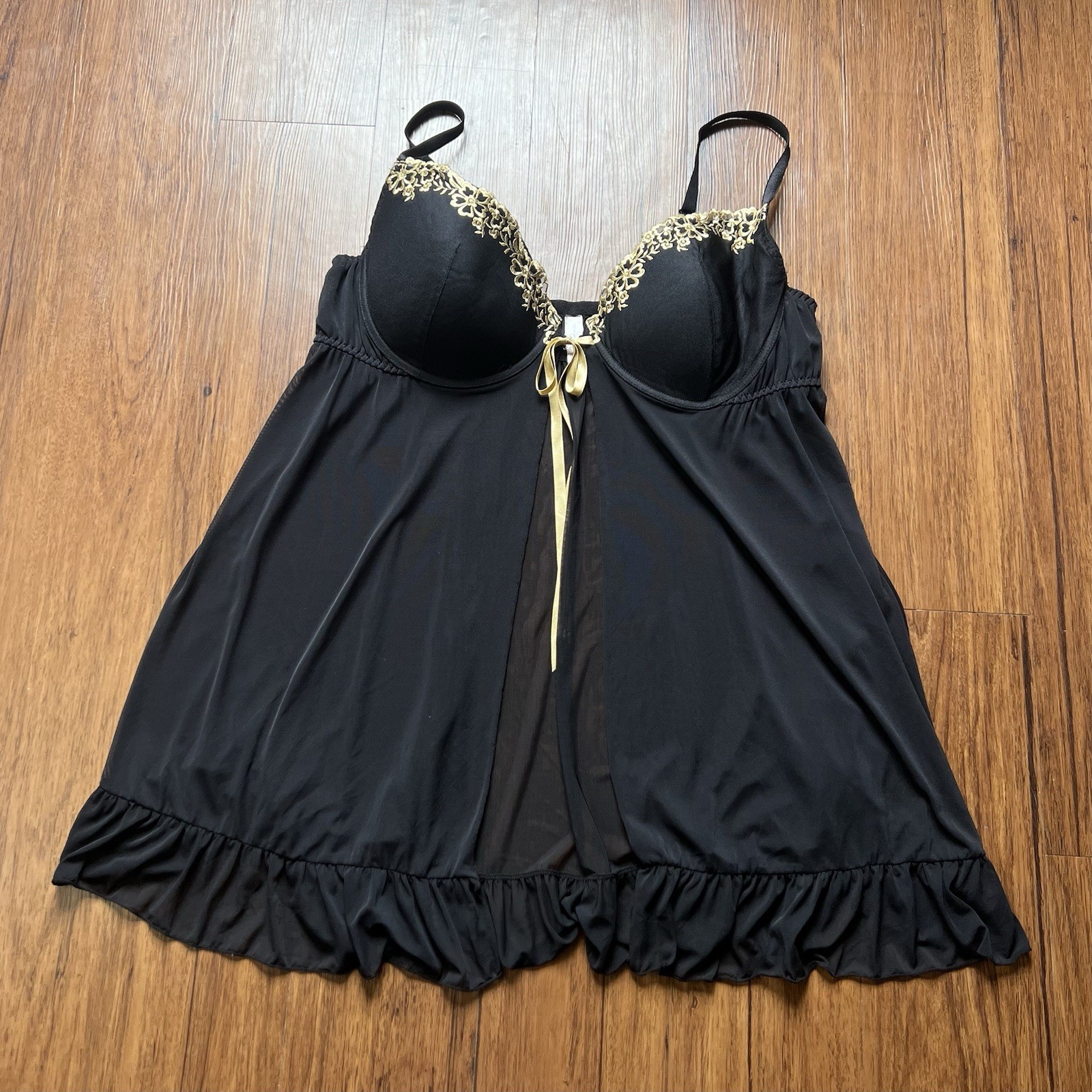 Vintage Y2K Babydoll Bustier 3X Black Gold Sheer Mesh Lace Fairy Goth Coquette