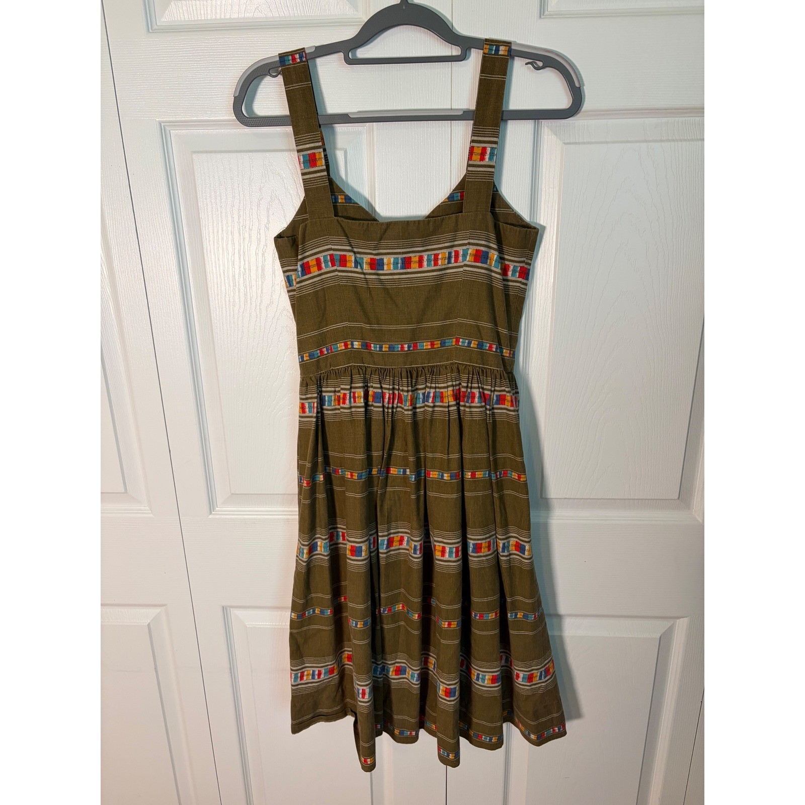 Vintage Coco California Olive Brown Multi Color Stripe Button Front Sun Dress