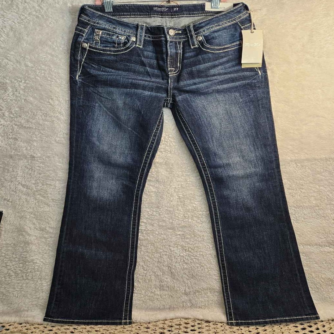 Miss Me Mid Rise Slim Bootcut Jeans Wmn 27×33 Dark Wash Embellished New #554
