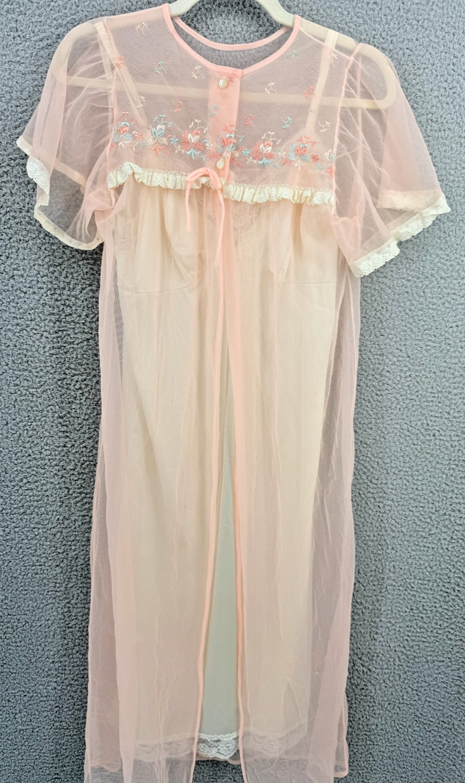 Vintage Stevens Peignoir Robe L Peachy Pink Sheer Chiffon Nylon USA See Through